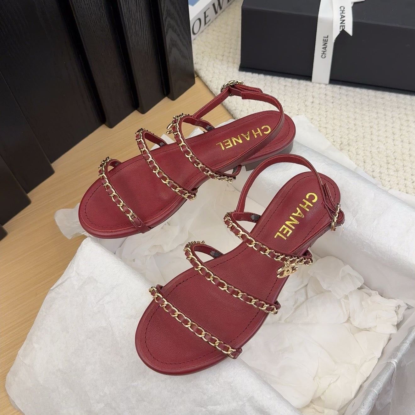 CC 25S Sandal Three Leather Strap Red Calfskin