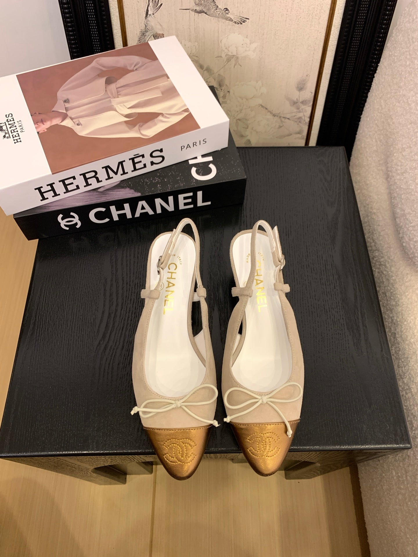 CC 25 Slingbacks 45 Bow With Beige Suede Mix Gold Sheepskin 277673