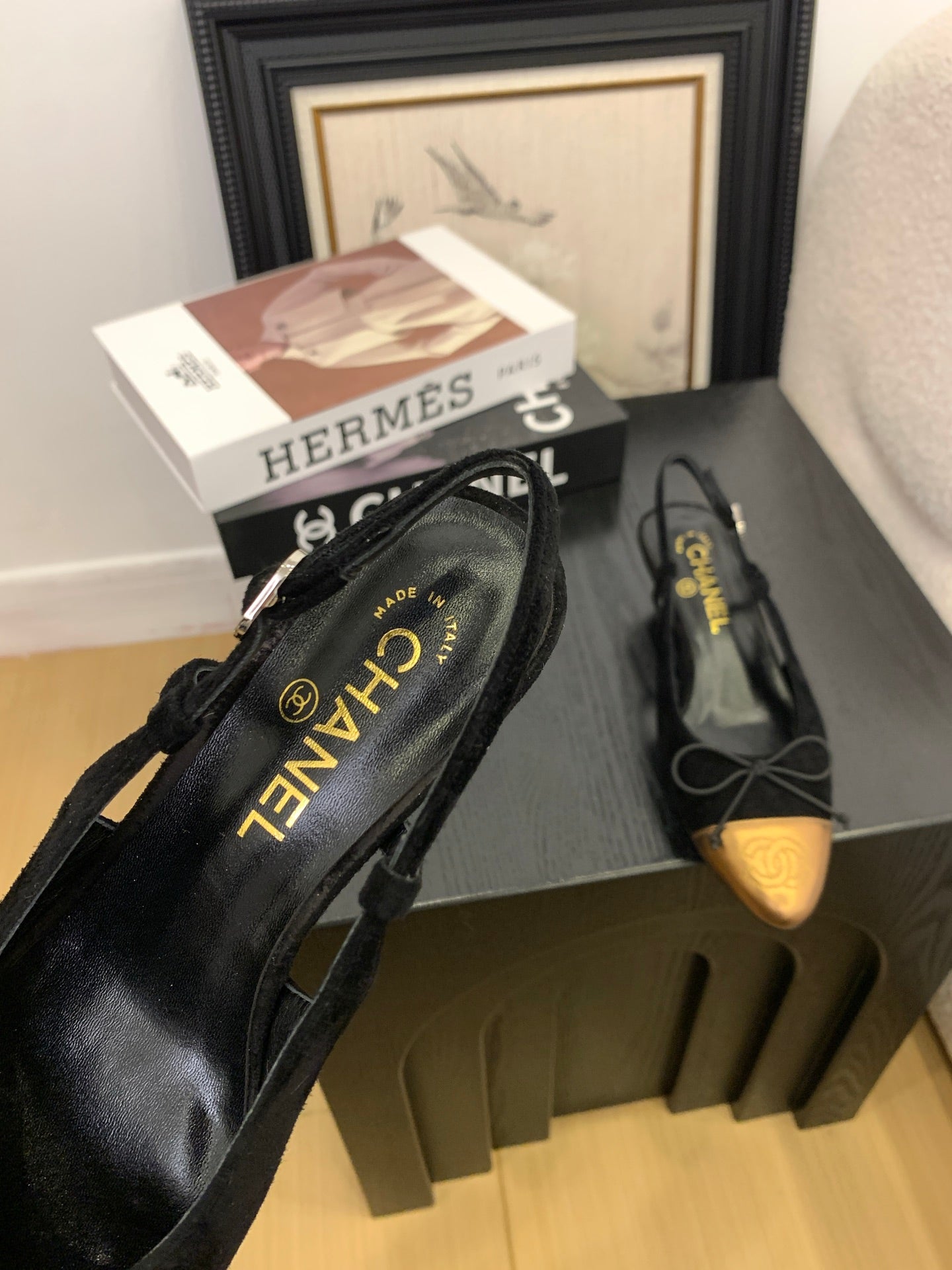 CC 25 Slingbacks 45 Bow With Black Suede Mix Gold Sheepskin 277676