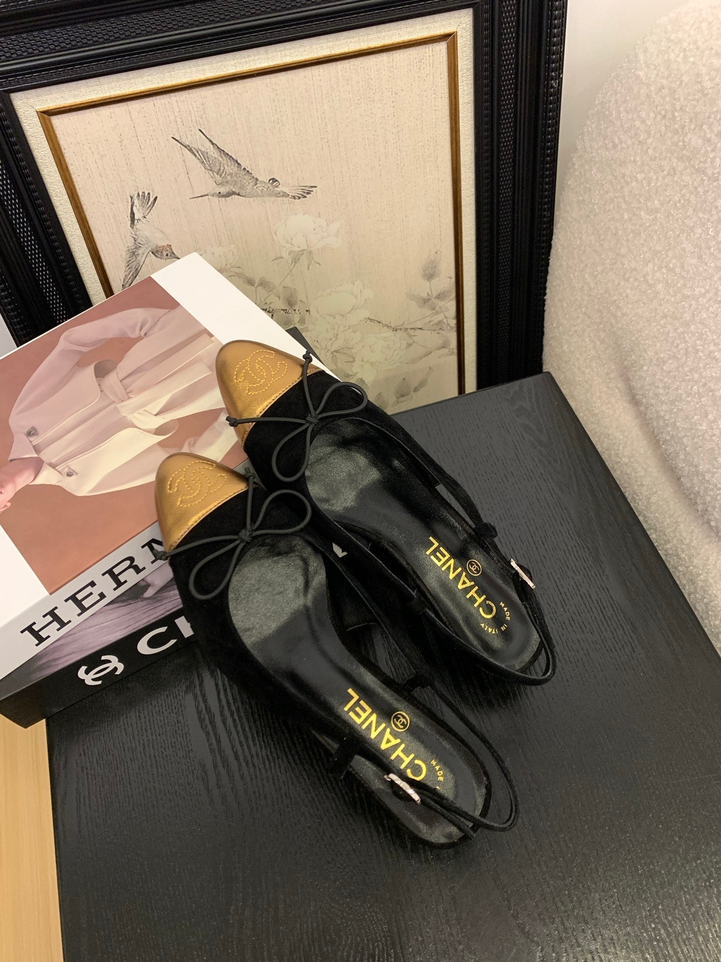 CC 25 Slingbacks 45 Bow With Black Suede Mix Gold Sheepskin 277676