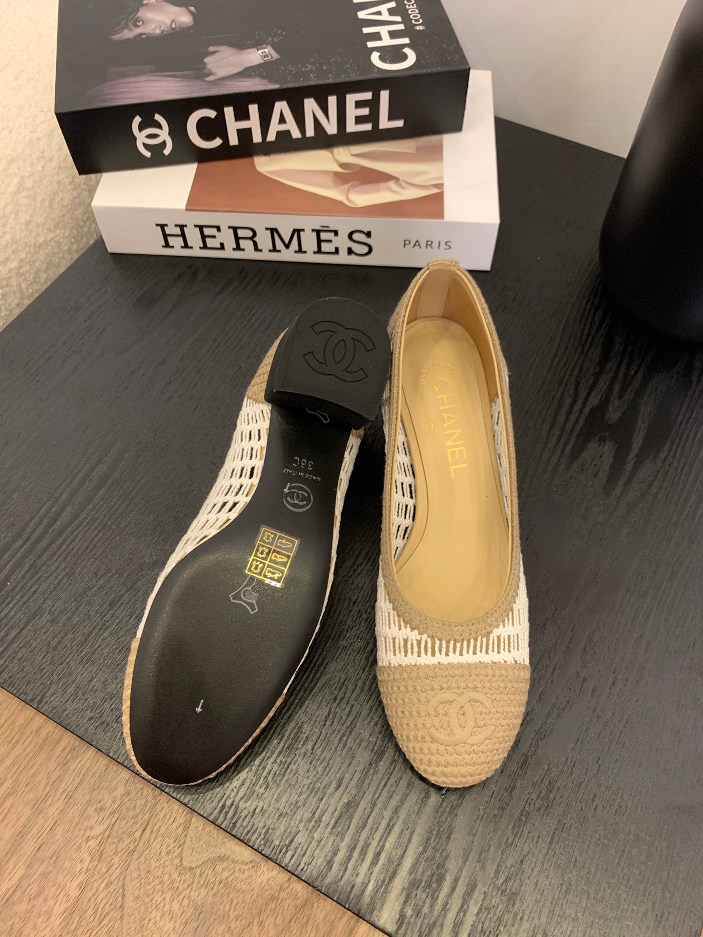 cc 25 ballet flat 50mm beige white raffia 288816