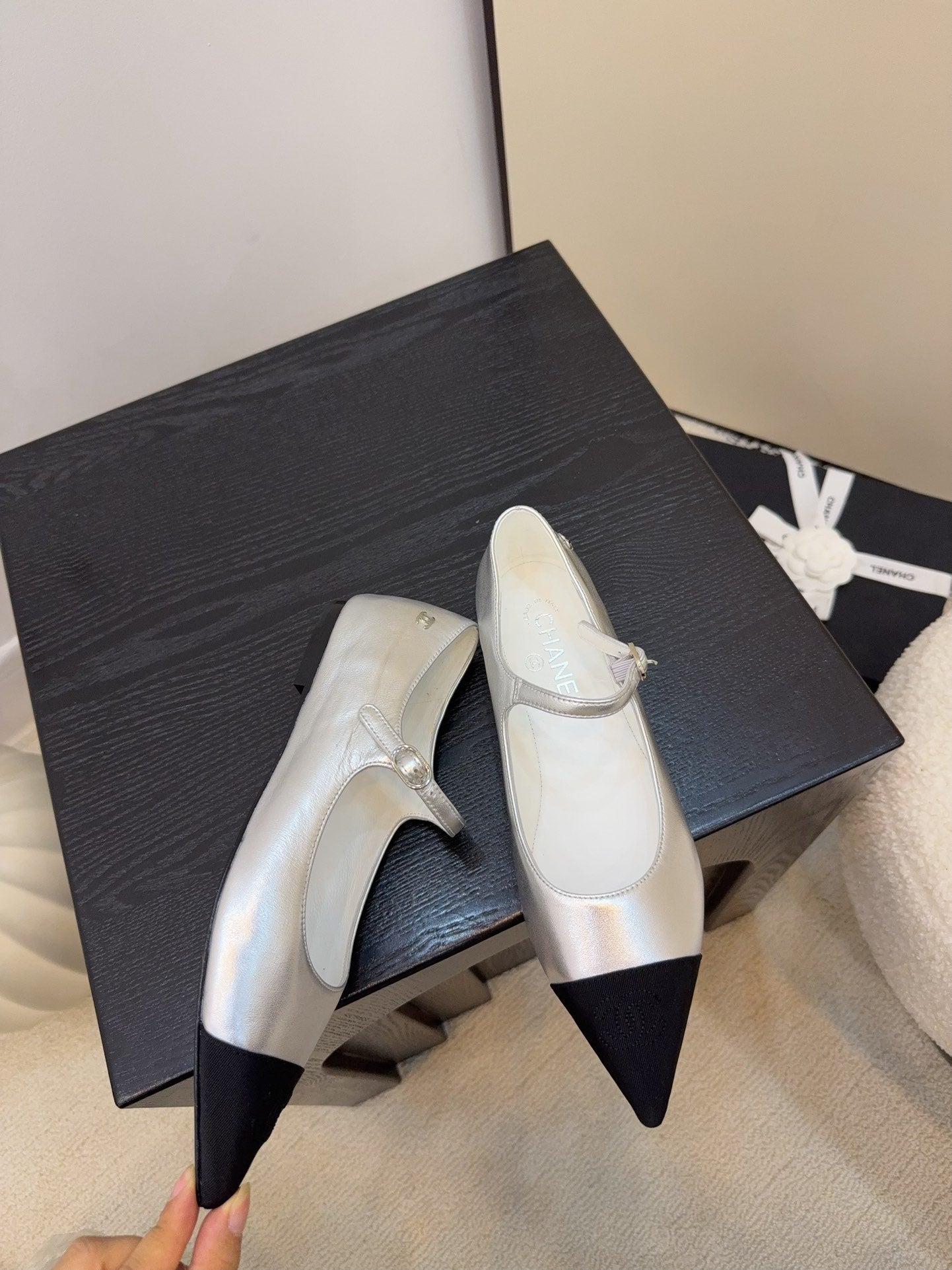 CD FW Mary Janes Sliver Metalic Lambskin & Grosgrain 505039