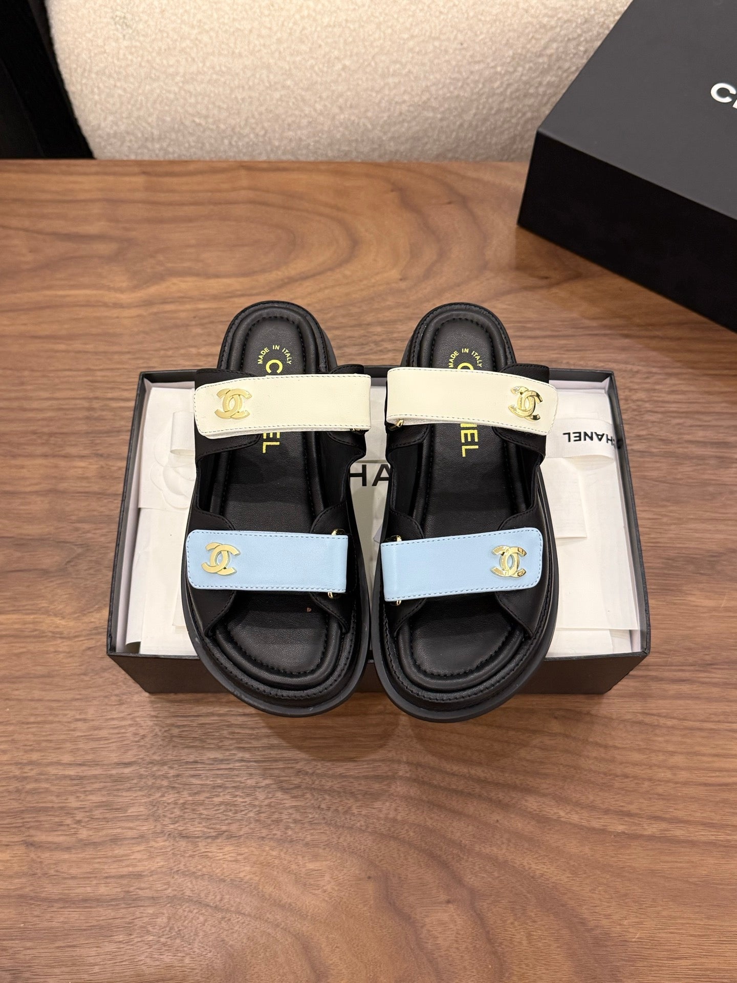 CC Dad Mules White Black Blue Calfskin 850571