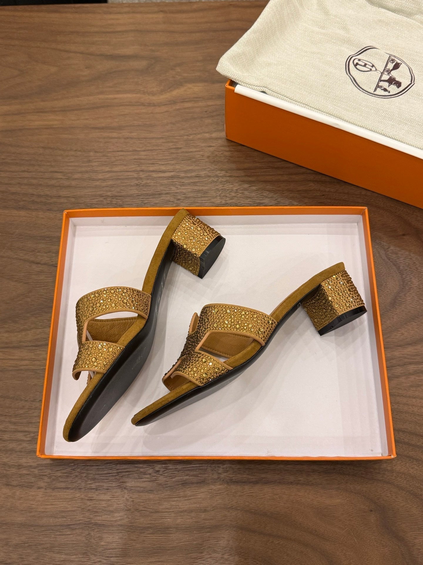 HM 26s Oasis Sandal In Golden Brown Suede With Crystals