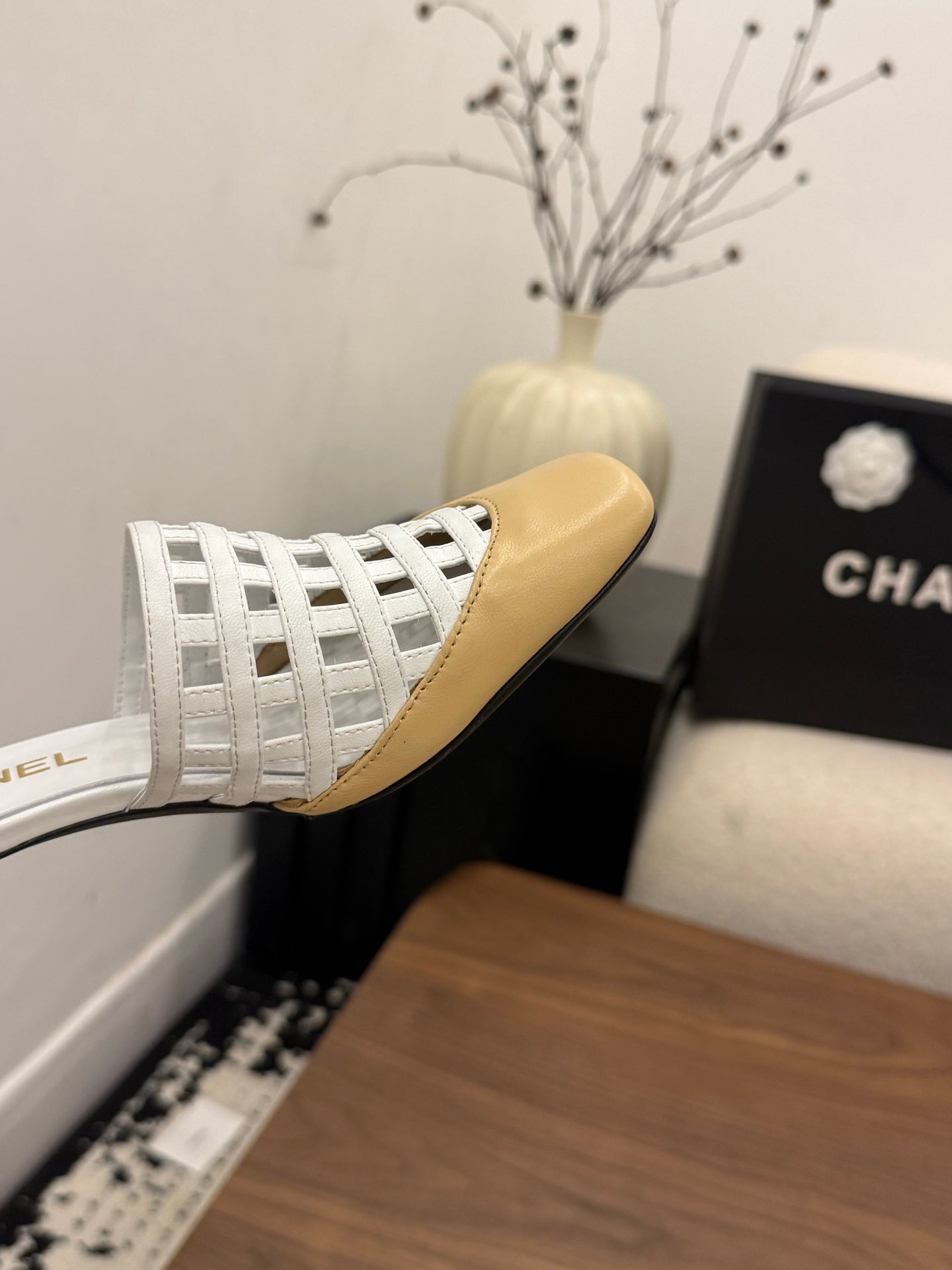 CC 26s Woven Mule High-Heeled Sandals White Beige Leather 850120