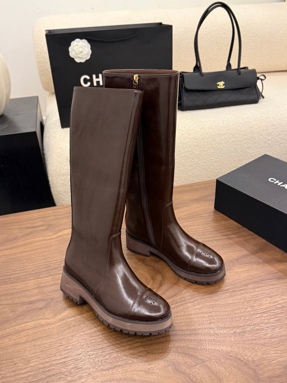 CC 26B Knee-High Boots 4.5cm Brown Glossy Leather 122442