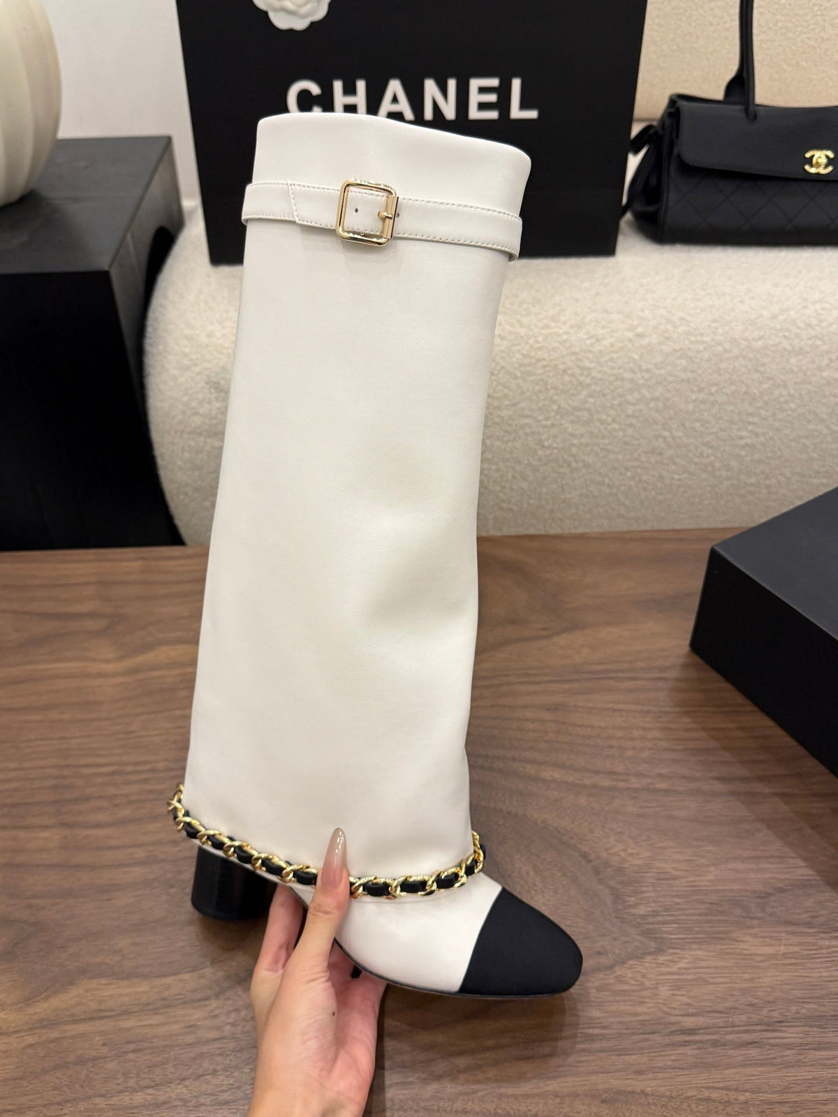 CC 26B Fold-Over Knee Boots 6.5cm White Black Canvas Leather 122435