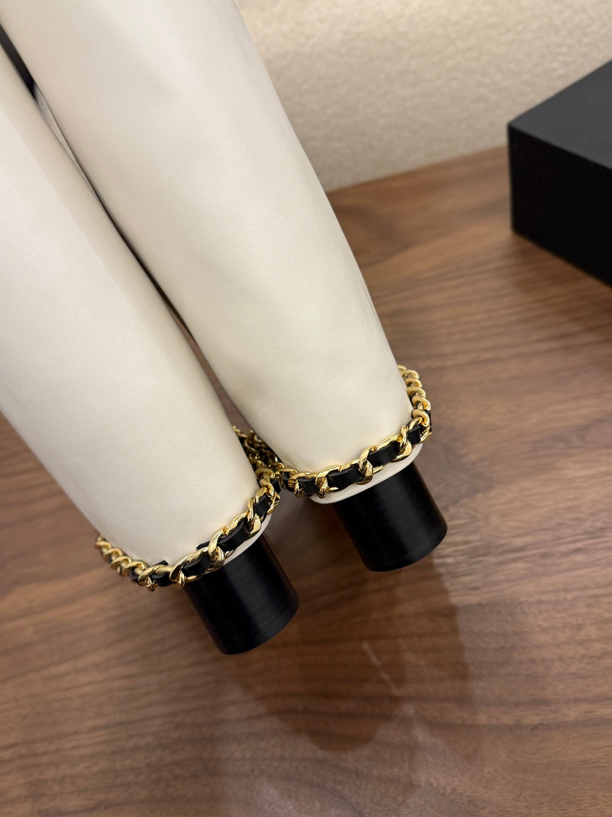 CC 26B Fold-Over Knee Boots 6.5cm White Black Canvas Leather 122435