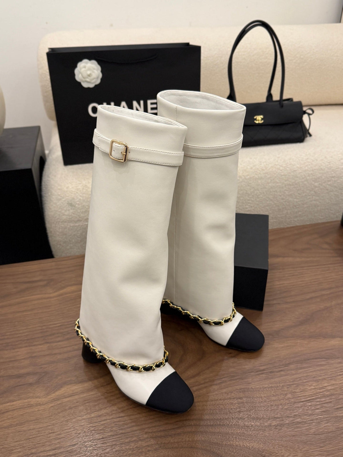 CC 26B Fold-Over Knee Boots 6.5cm White Black Canvas Leather 122435
