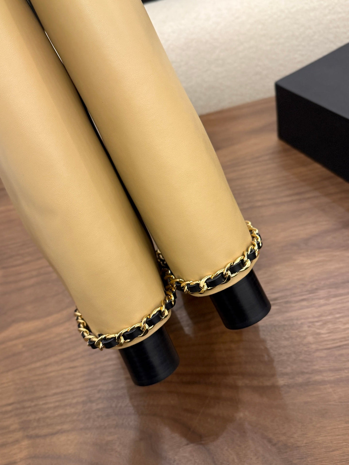 CC 26B Fold-Over Knee Boots 6.5cm Beige Black Canvas Leather 122436
