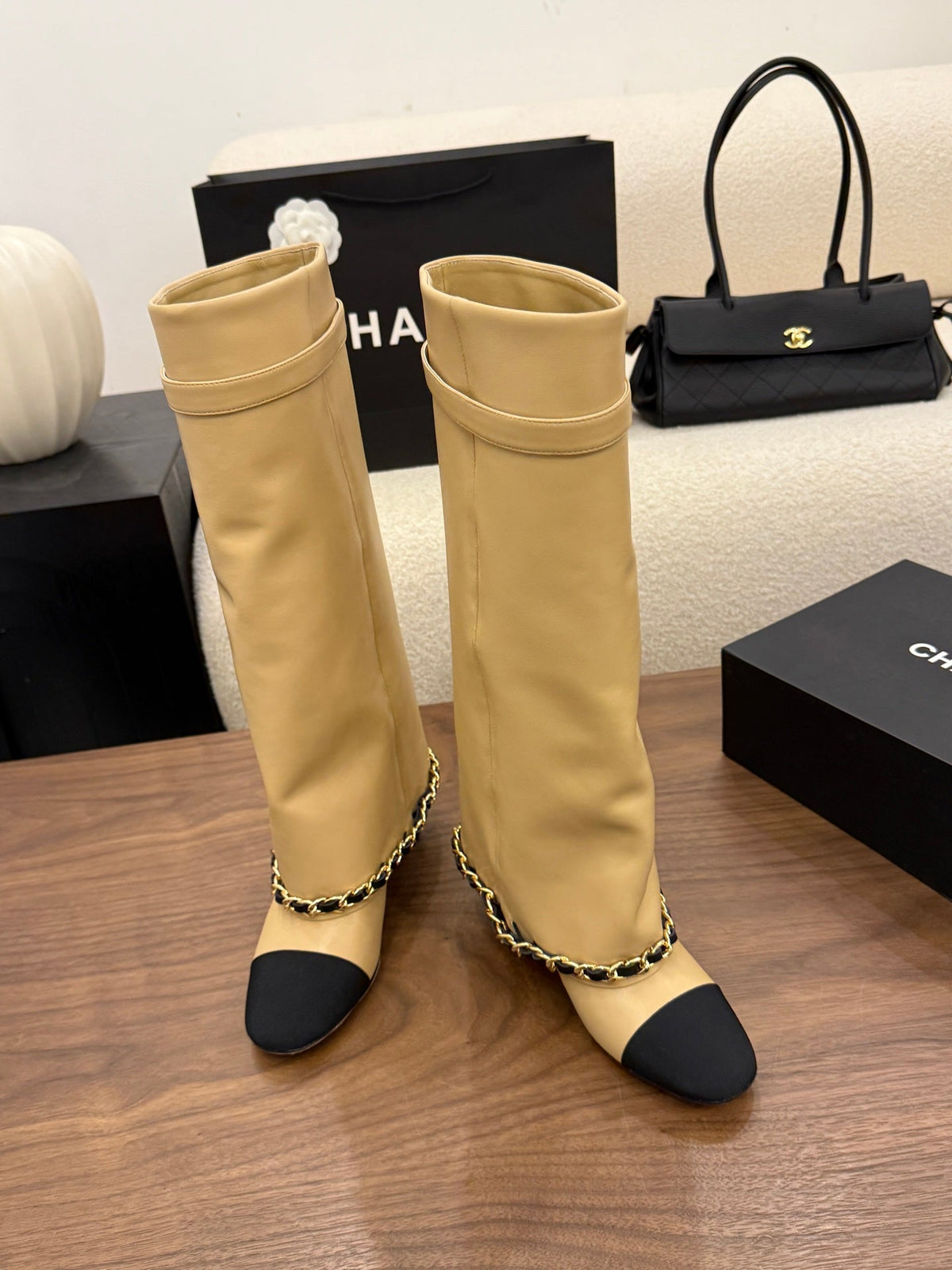 CC 26B Fold-Over Knee Boots 6.5cm Beige Black Canvas Leather 122436
