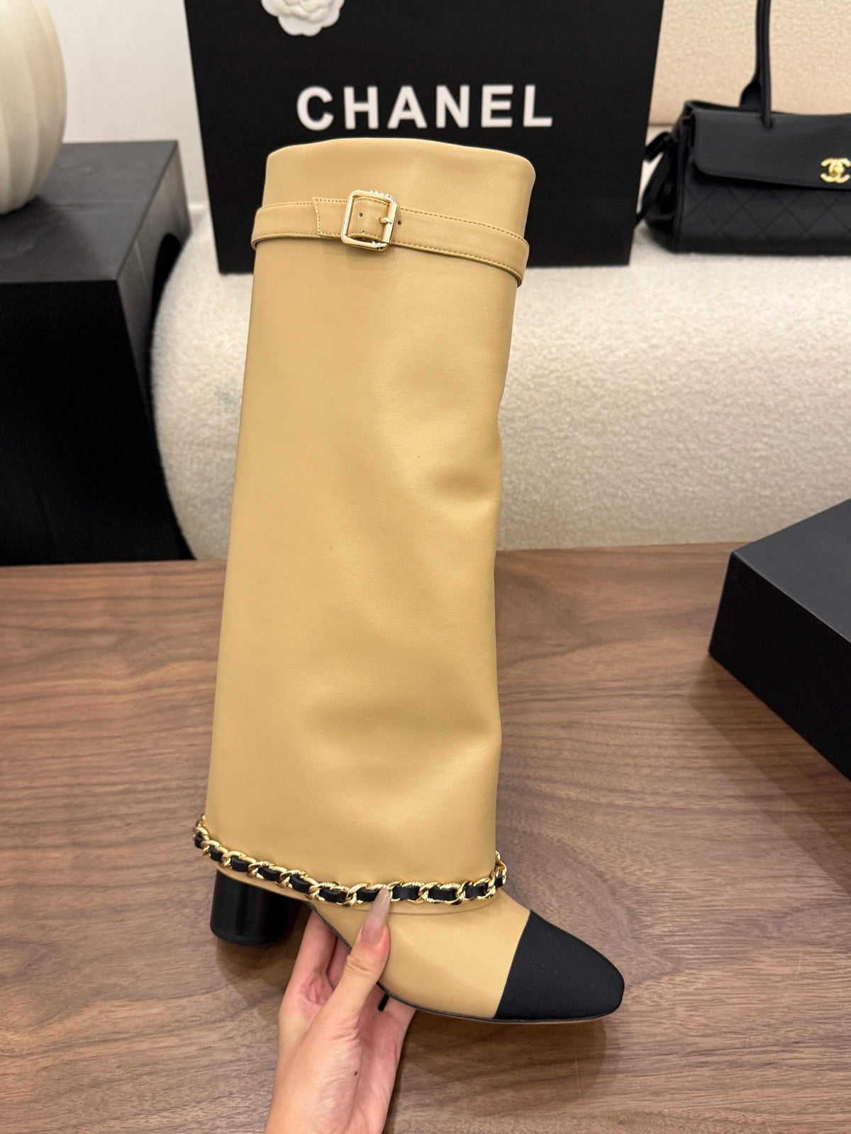 CC 26B Fold-Over Knee Boots 6.5cm Beige Black Canvas Leather 122436