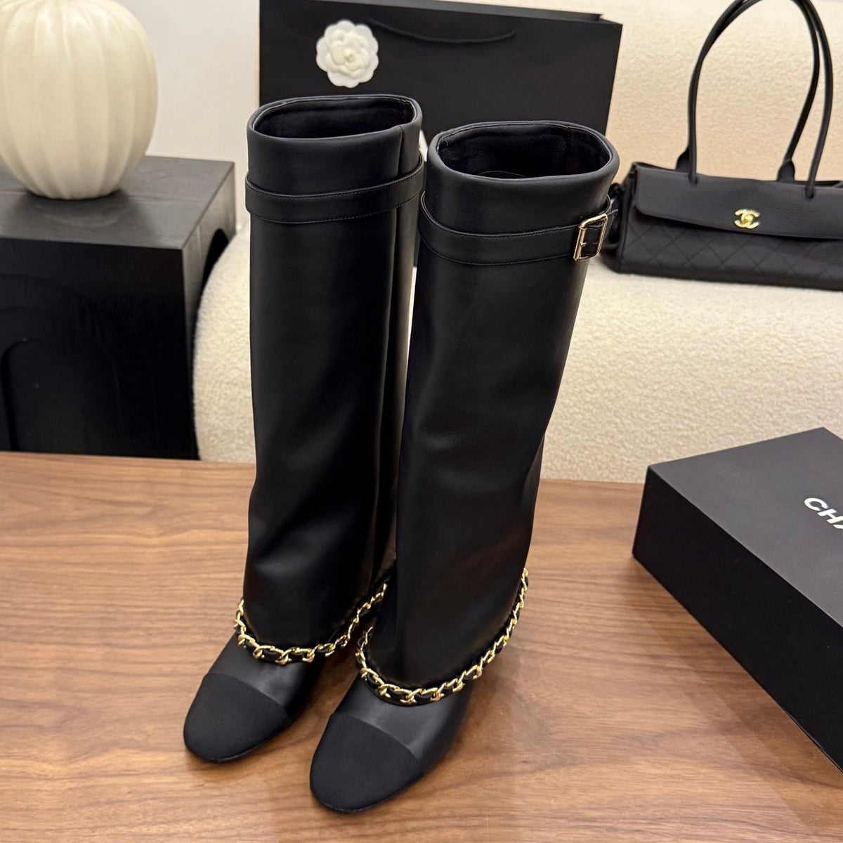 CC 26B Fold-Over Knee Boots 6.5cm Black Canvas Leather 122437