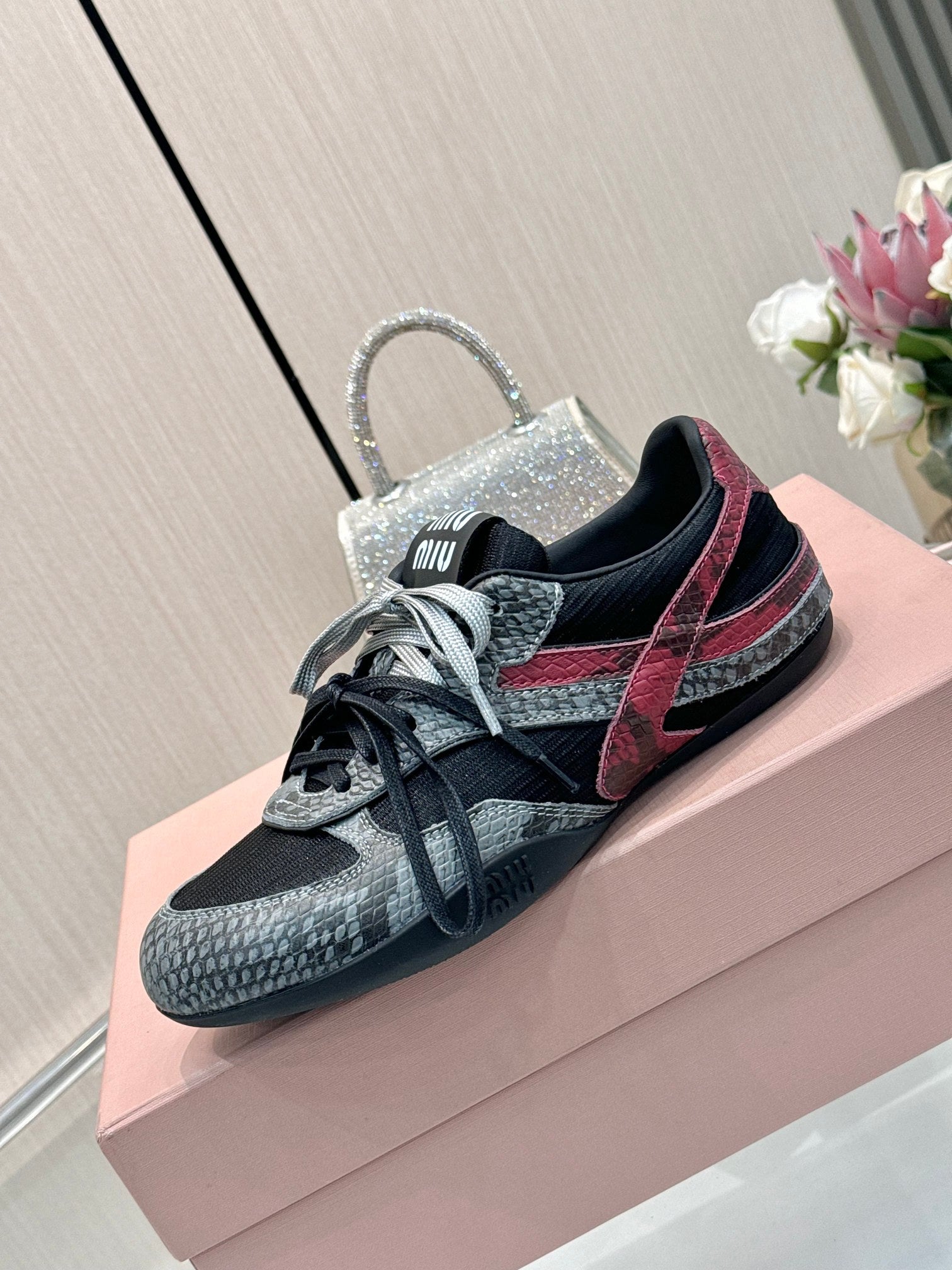 Miu 26SS Gymnasium Sneaker Black Slate Grey Python-print Sheepskin 655767