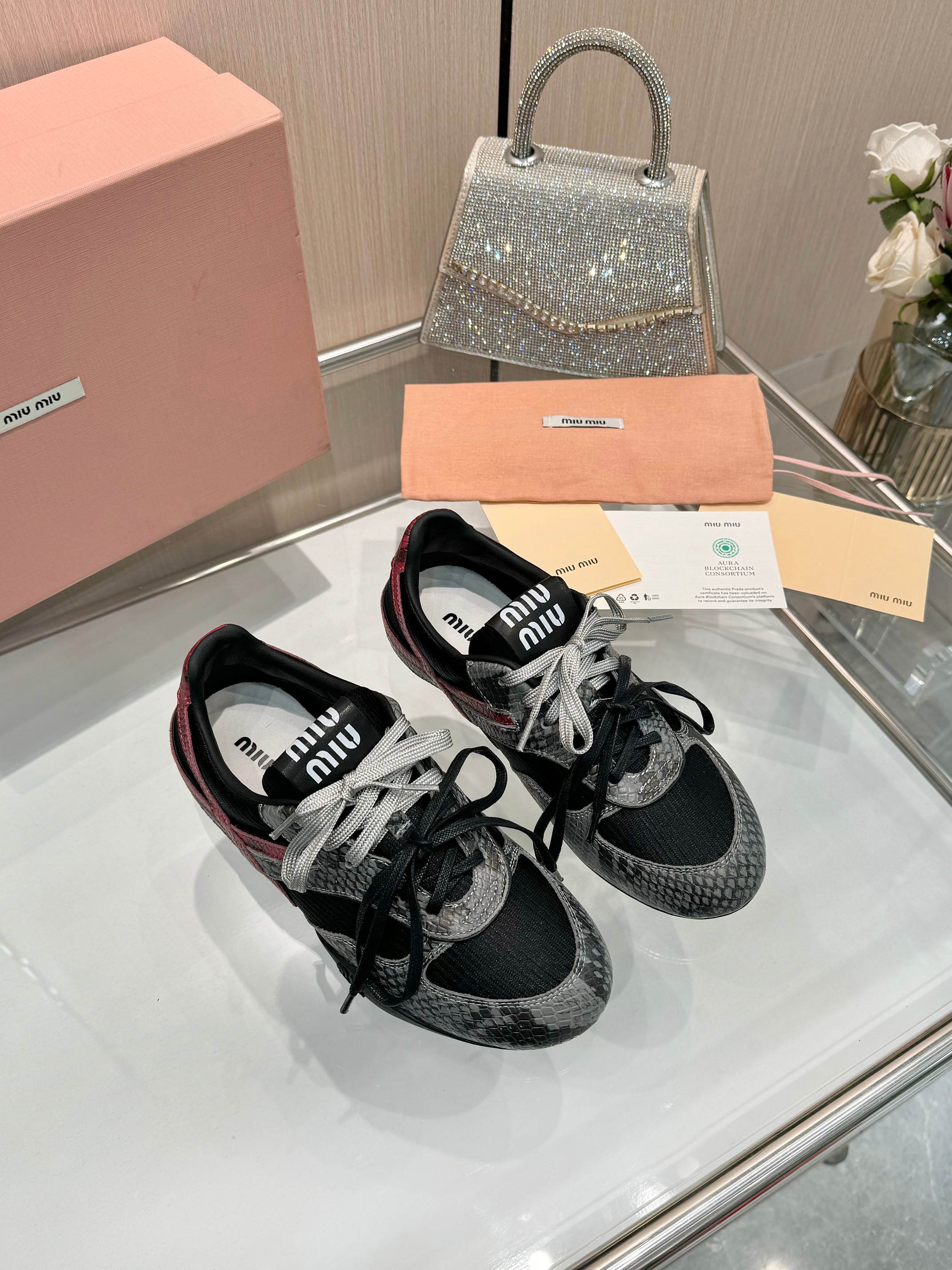 Miu 26SS Gymnasium Sneaker Black Slate Grey Python-print Sheepskin 655767