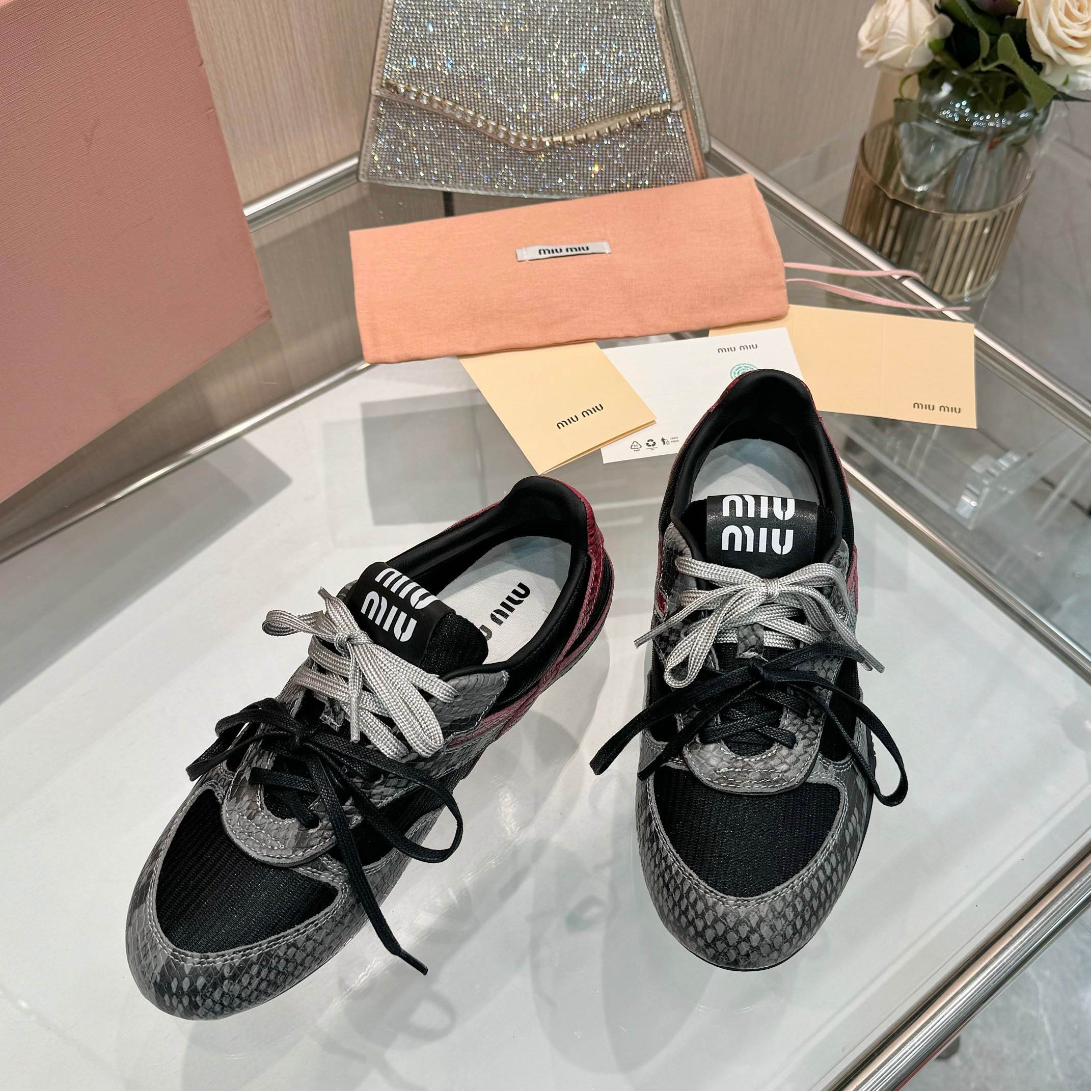 Miu 26SS Gymnasium Sneaker Black Slate Grey Python-print Sheepskin 655767