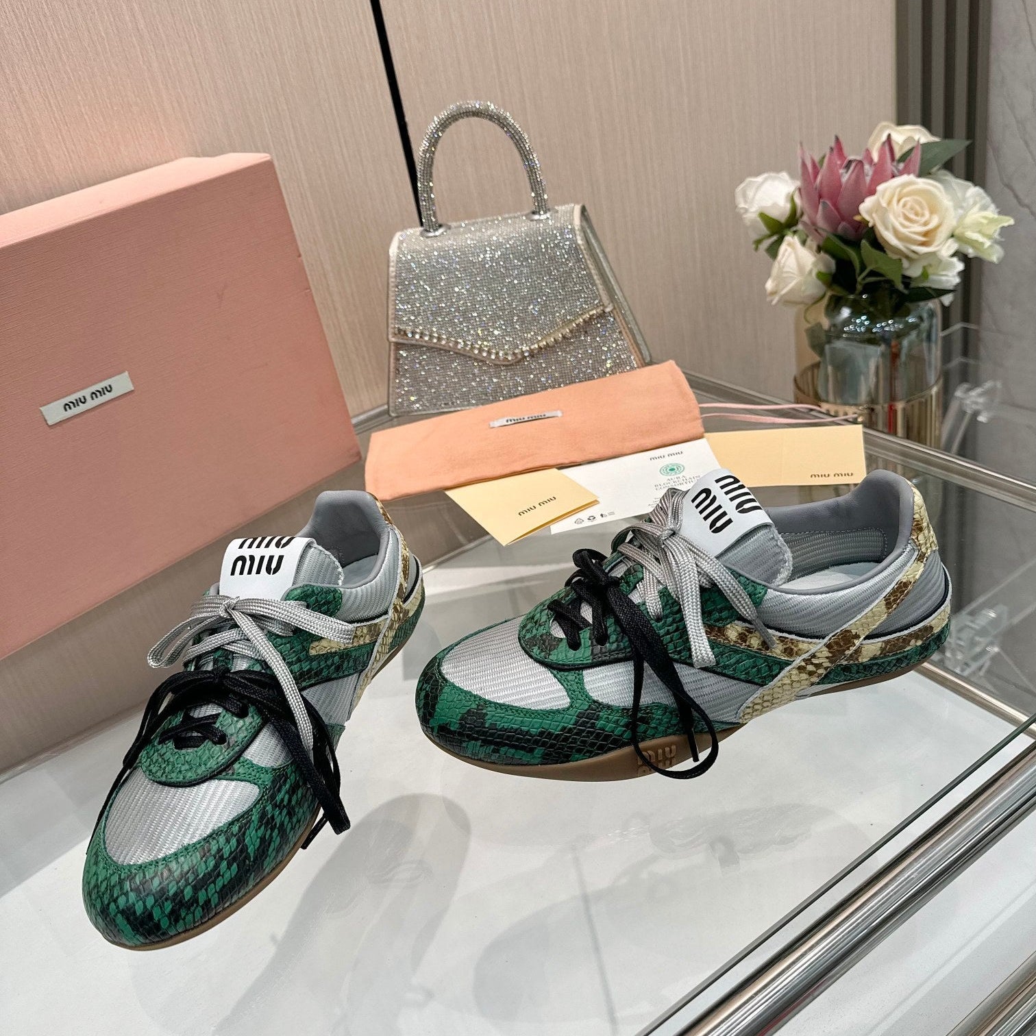 Miu 26SS Gymnasium Sneaker Fir Green Grey Python-print Sheepskin 655768