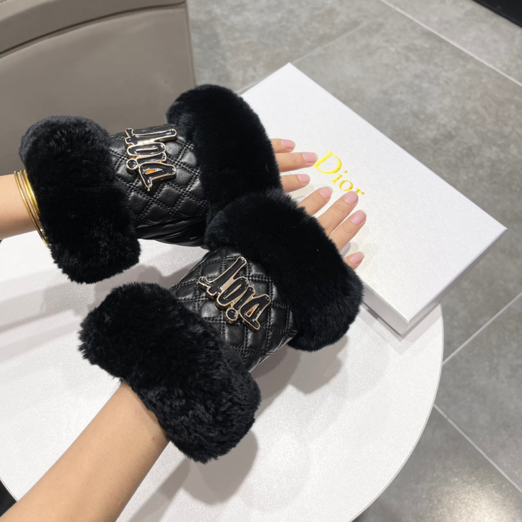 FINGERLESS GLOVES IN BLACK RABBIT FUR AND LAMBSKIN 113716