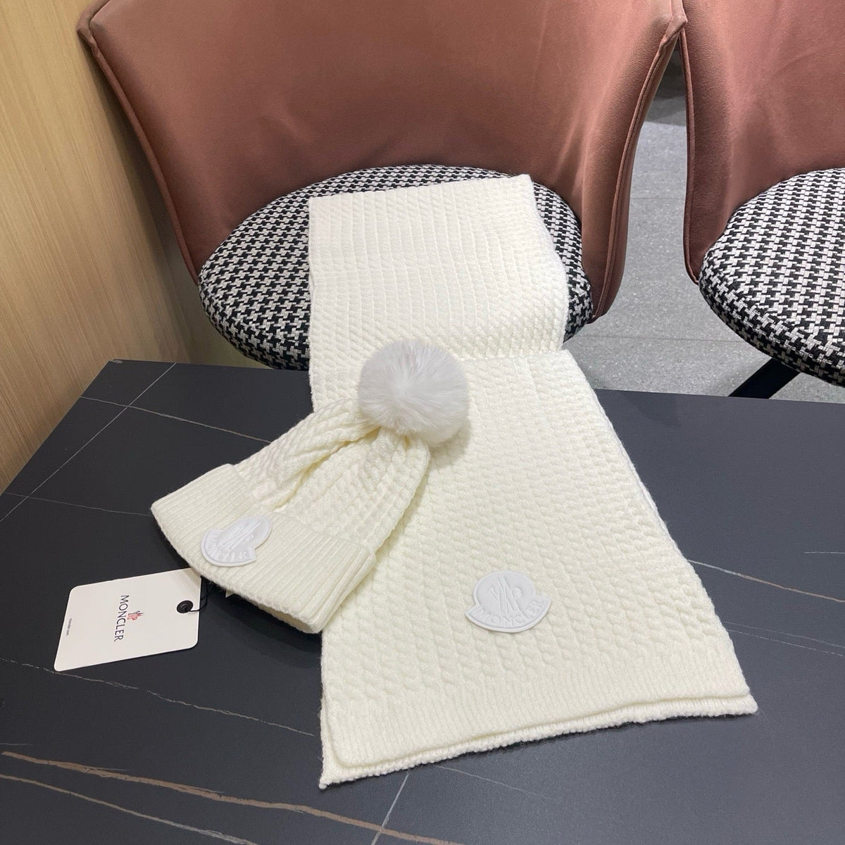 Moncler Hat Scarf Set White Cable Knit Fur 481806