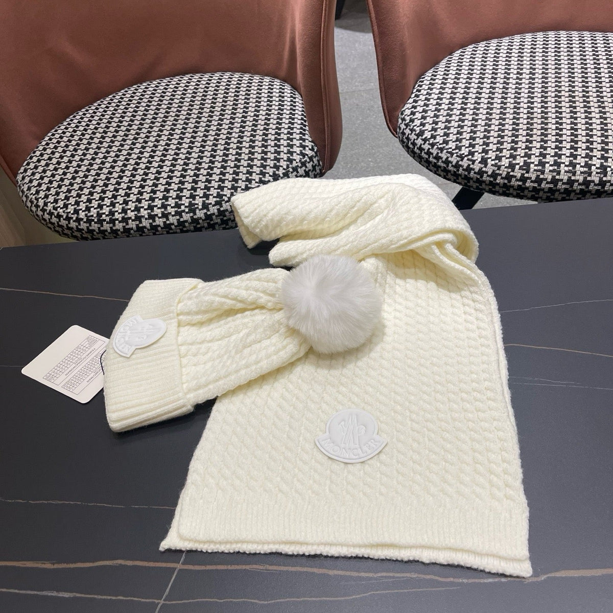 Moncler Hat Scarf Set White Cable Knit Fur 481806