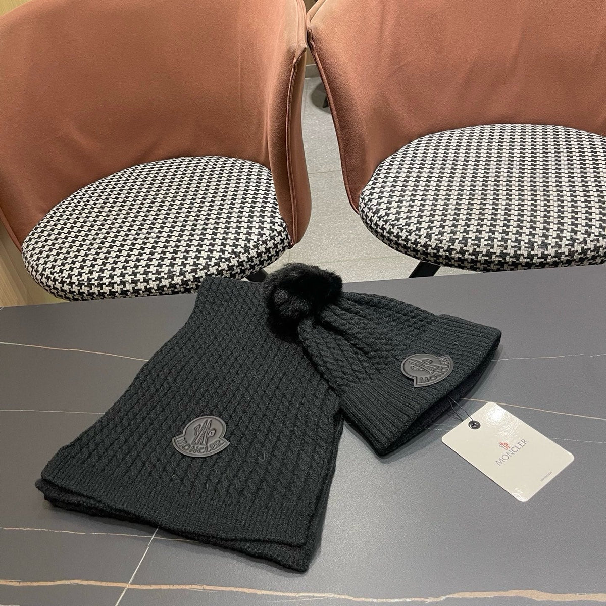 Moncler Hat Scarf Set Black Cable Knit Fur 481807