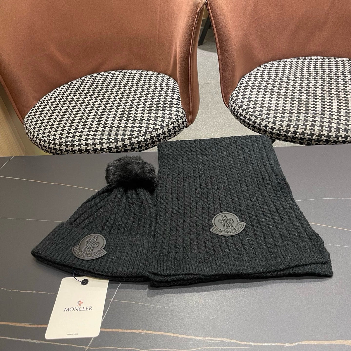 Moncler Hat Scarf Set Black Cable Knit Fur 481807
