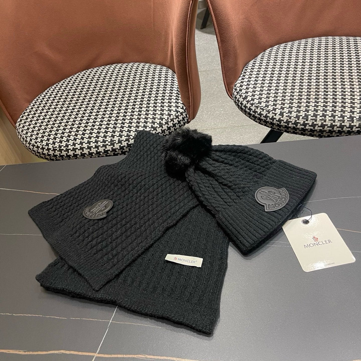 Moncler Hat Scarf Set Black Cable Knit Fur 481807
