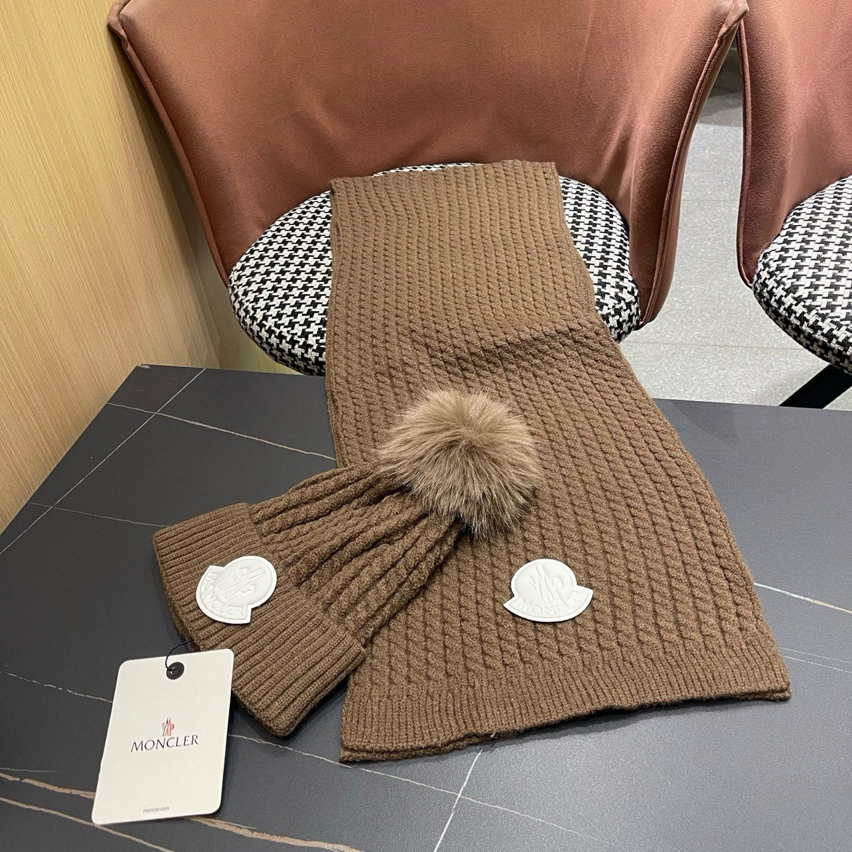 Moncler Hat Scarf Set Brown Cable Knit Fur 481808