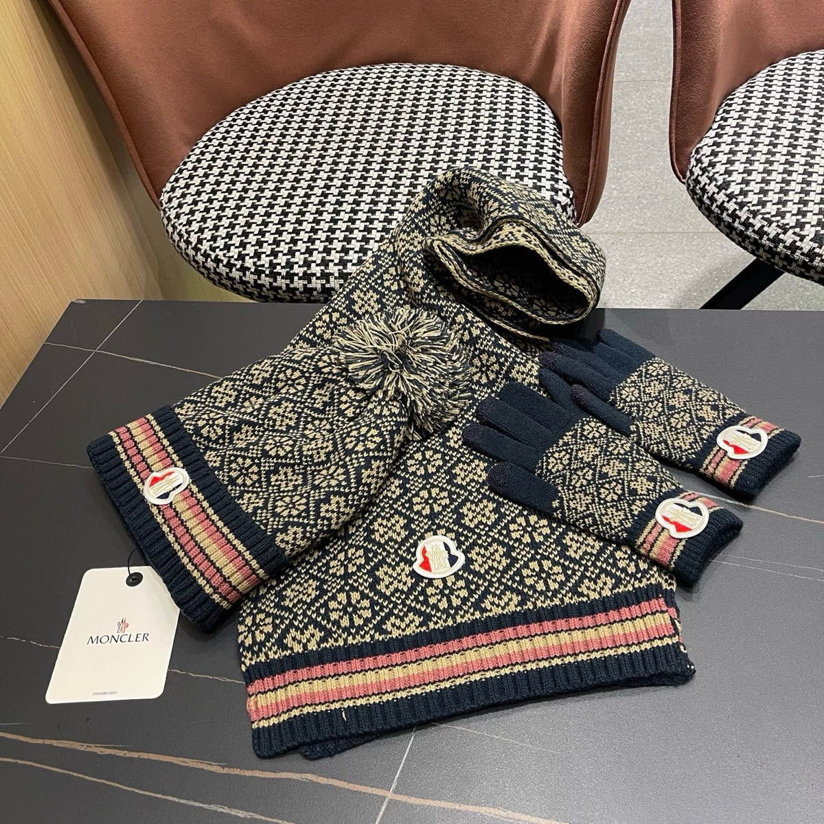 Moncler Hat Scarf Gloves Set Black Jacquard 481810