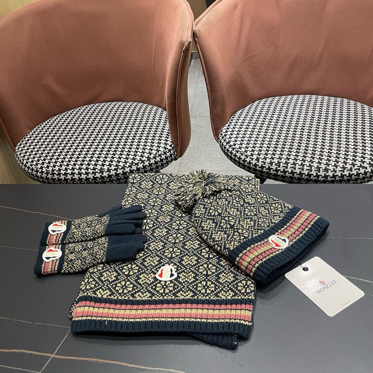 Moncler Hat Scarf Gloves Set Black Jacquard 481810