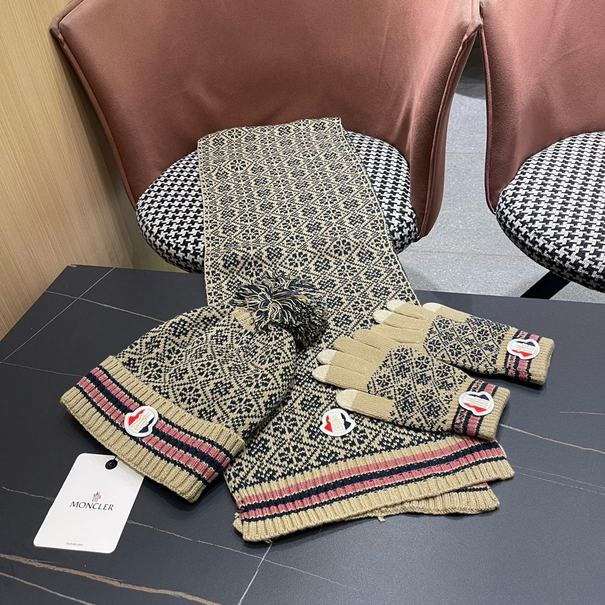 Moncler Hat Scarf Gloves Set Beige Jacquard 481809