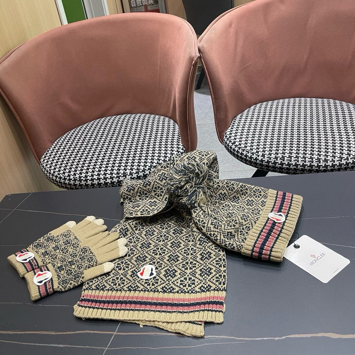 Moncler Hat Scarf Gloves Set Beige Jacquard 481809