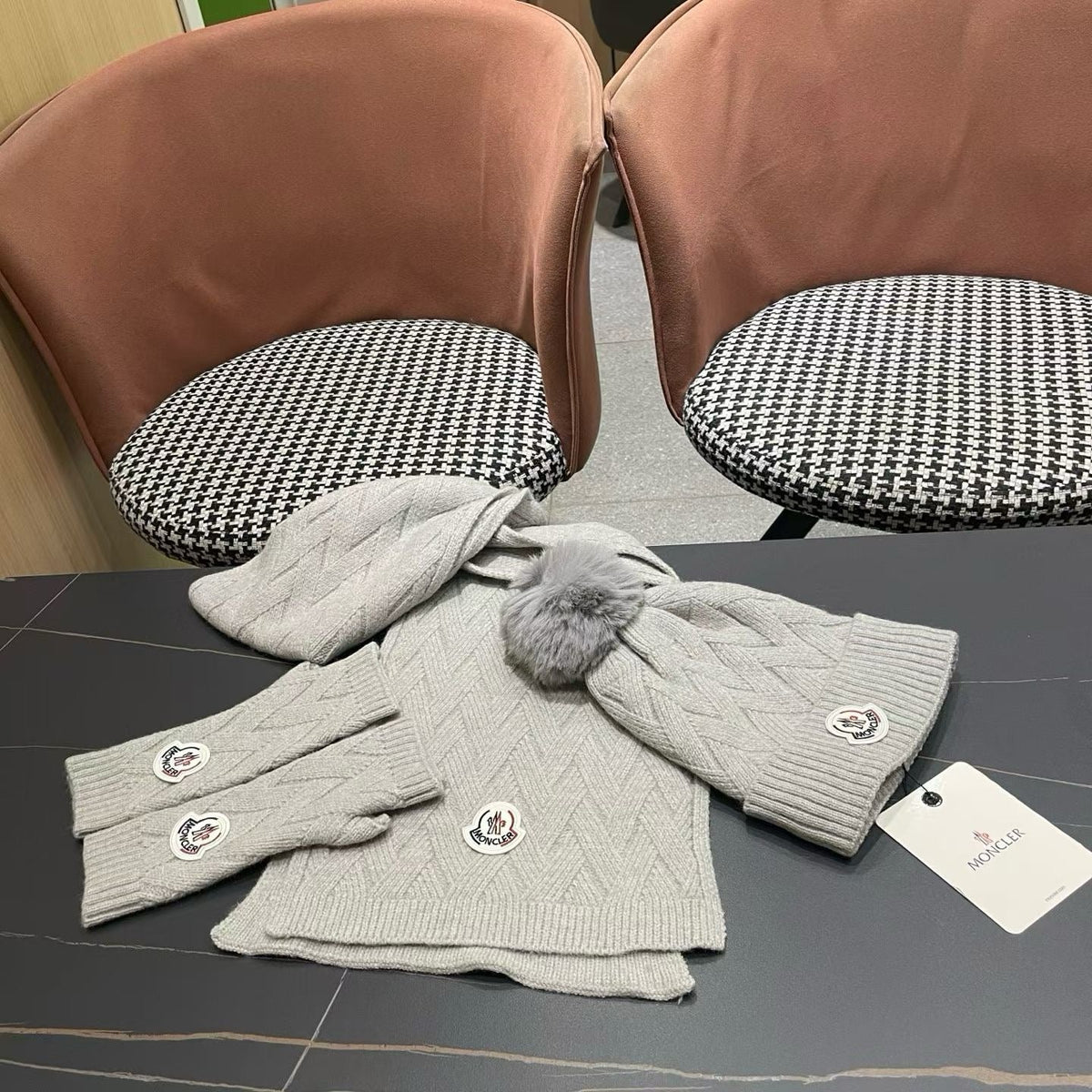 Moncler Accessories Scarf Beanie and Fingerless Gloves Set Grey Cable Knit 540517