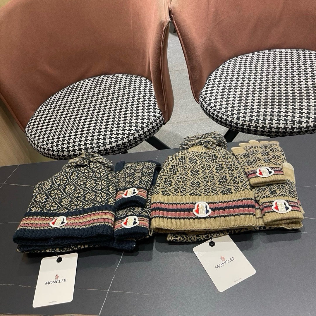 Moncler Hat Scarf Gloves Set Black Jacquard 481810