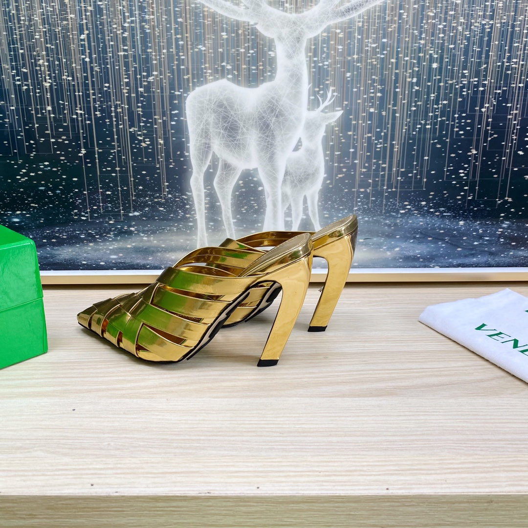 BV Alfie Leather High Mules Gold Woven Calfskin