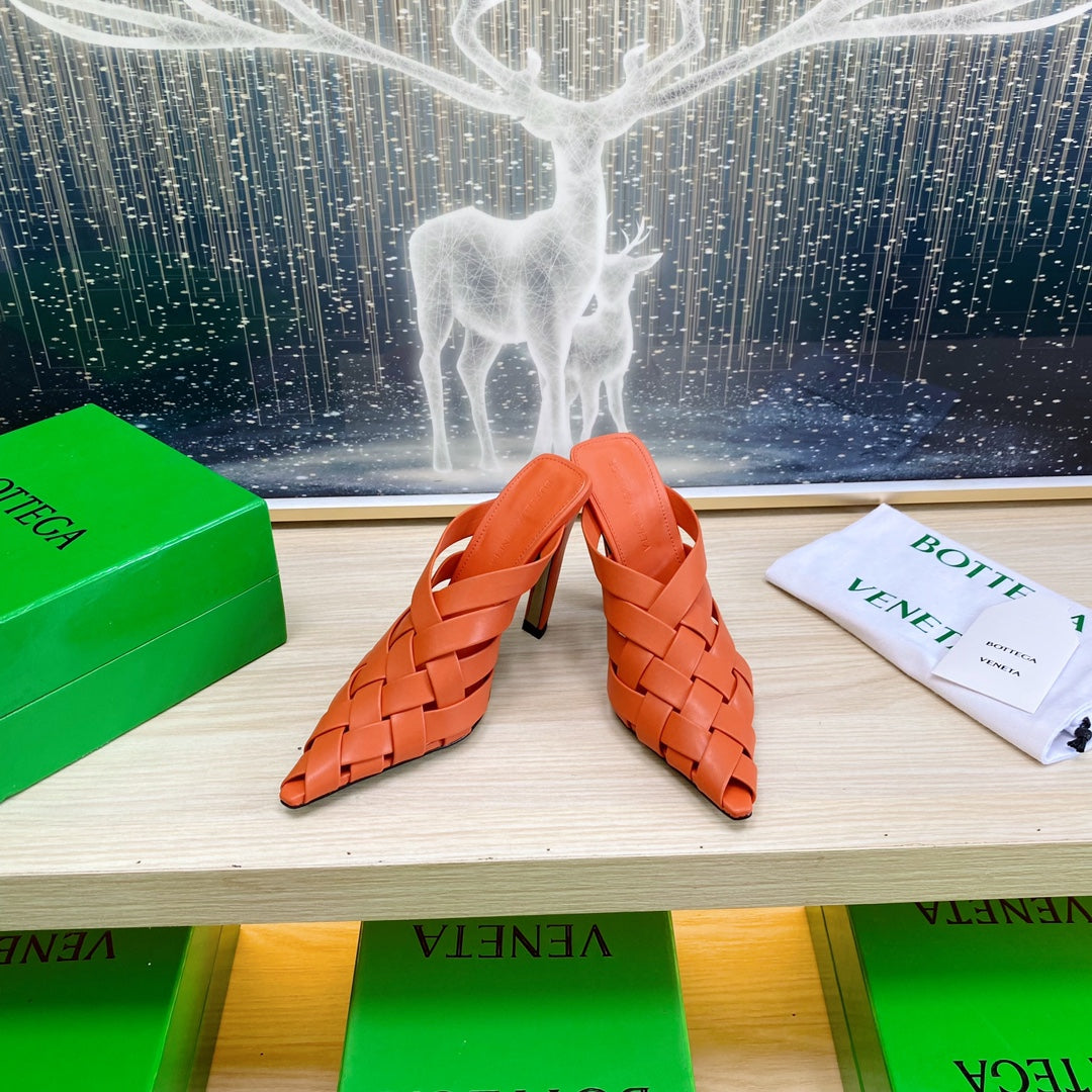 BV 26s Alfie High Mules Vivid Orange Woven Calfskin