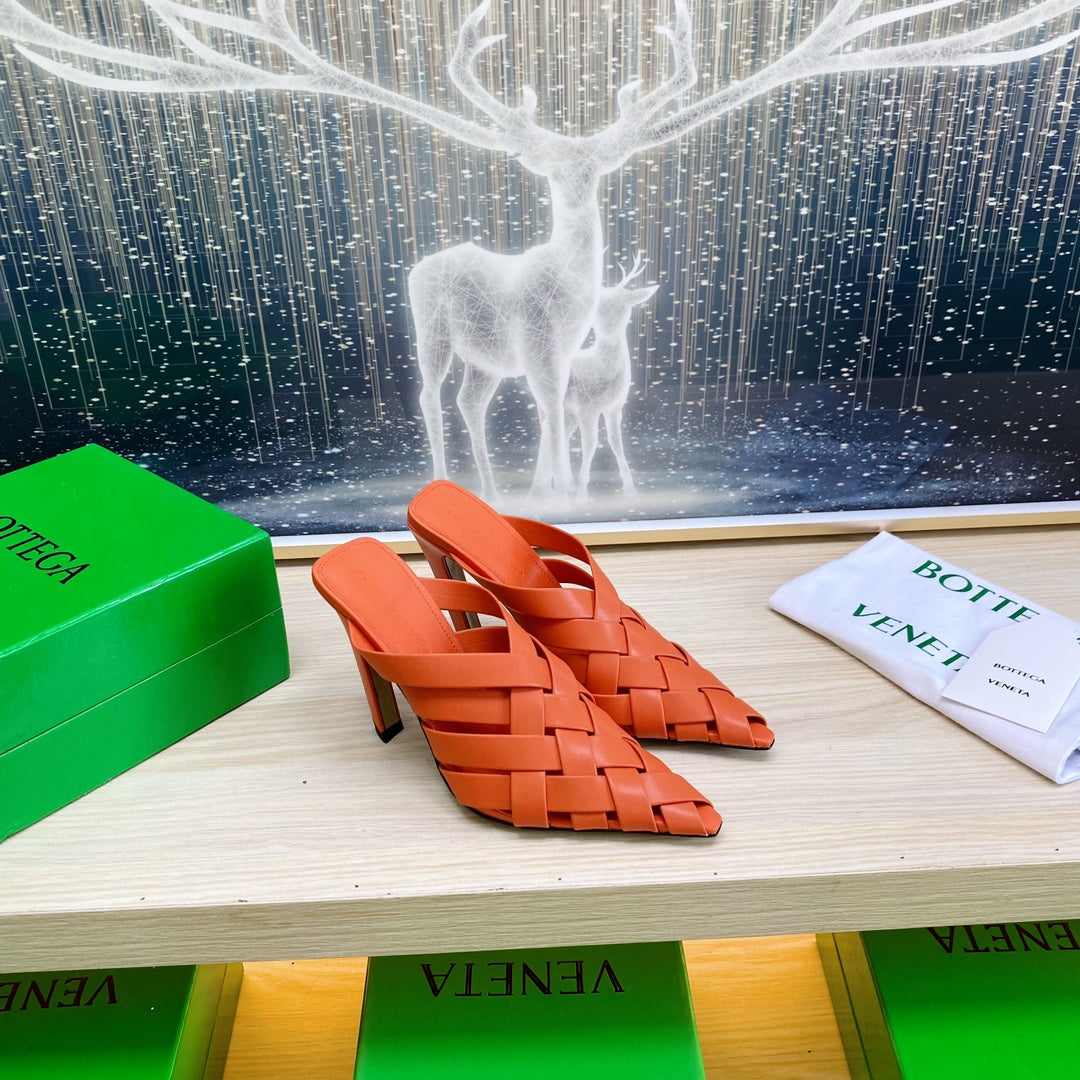 BV 26s Alfie High Mules Vivid Orange Woven Calfskin