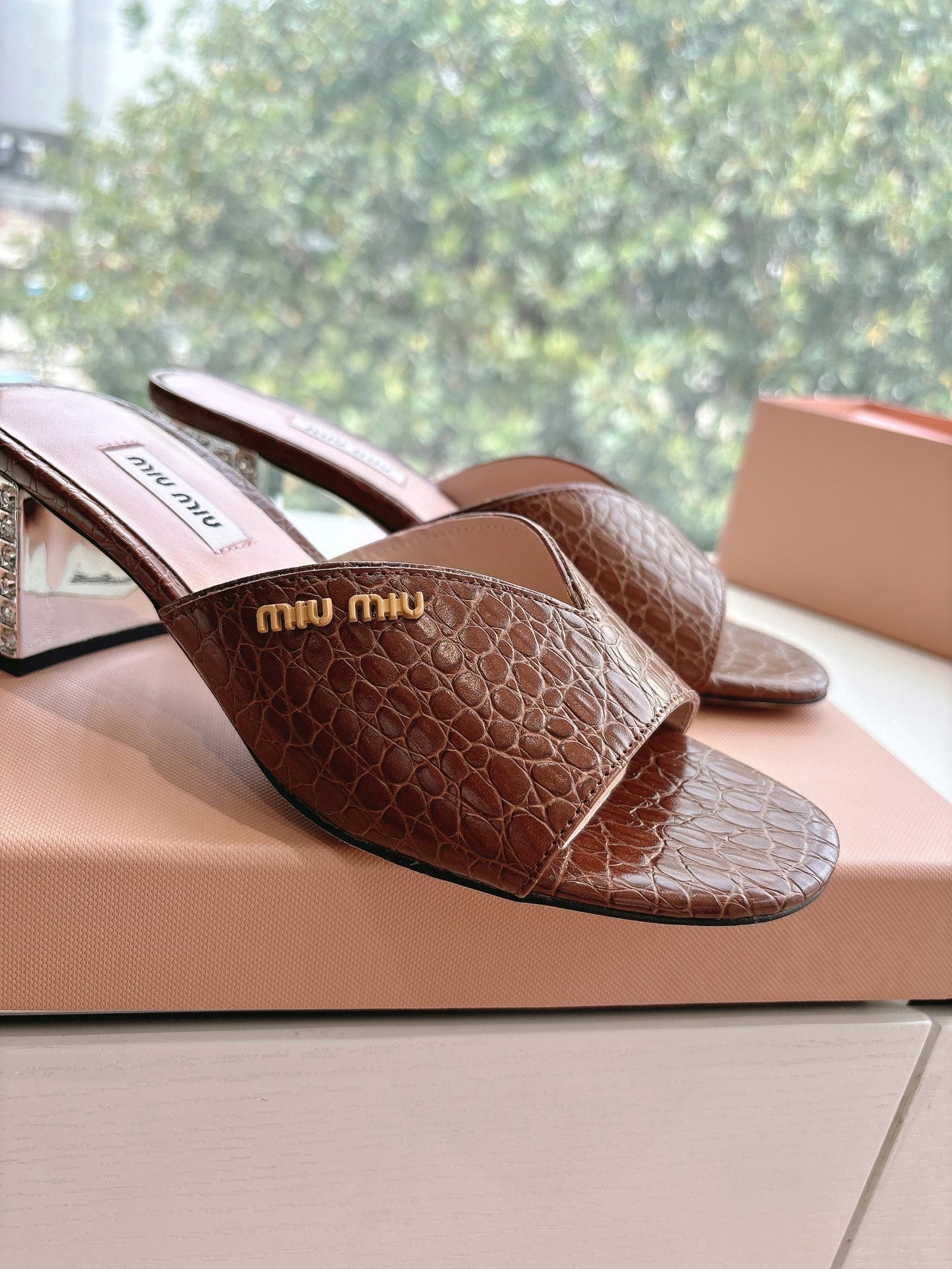 Miu Brown Croc Embossed Slide Sandals with Embellished Heel 223917