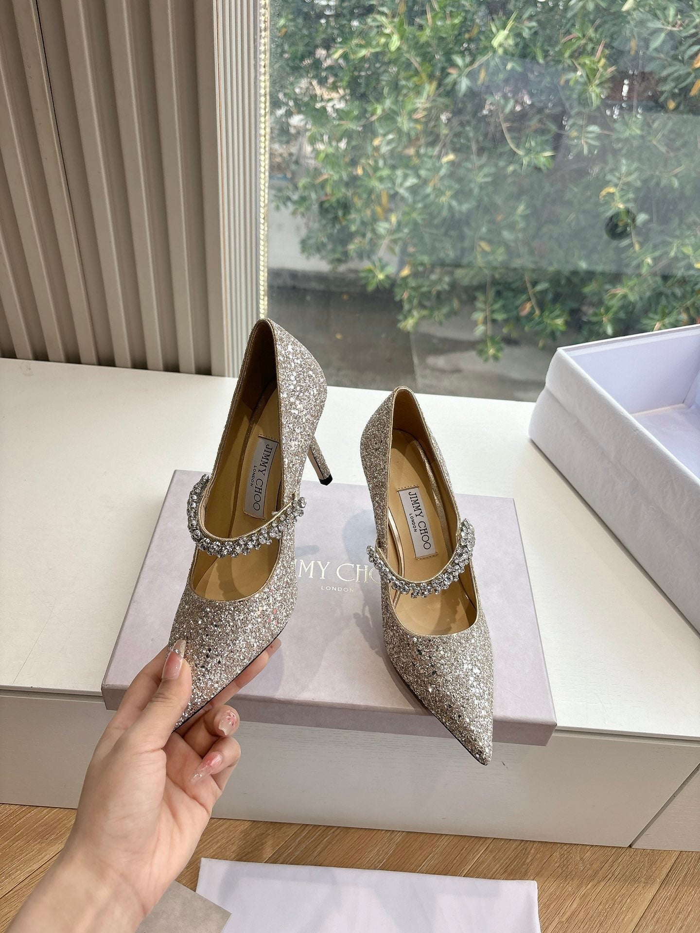 Jimmy Bing Pumps 85 with Crystals Sand Glitter Finish Fabric 547685