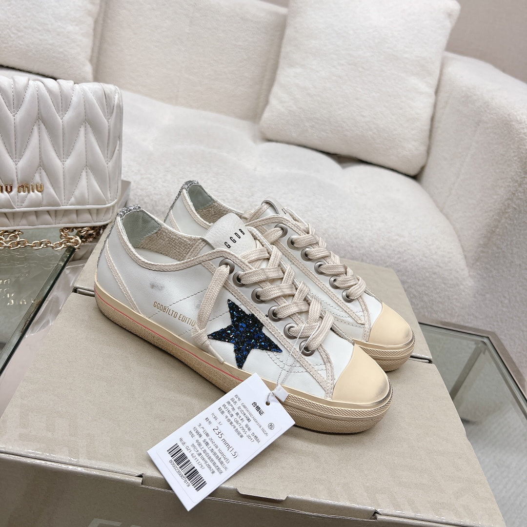 V-STAR SNEAKERS WHITE CALFSKIN WITH BLACK GLITTER STAR