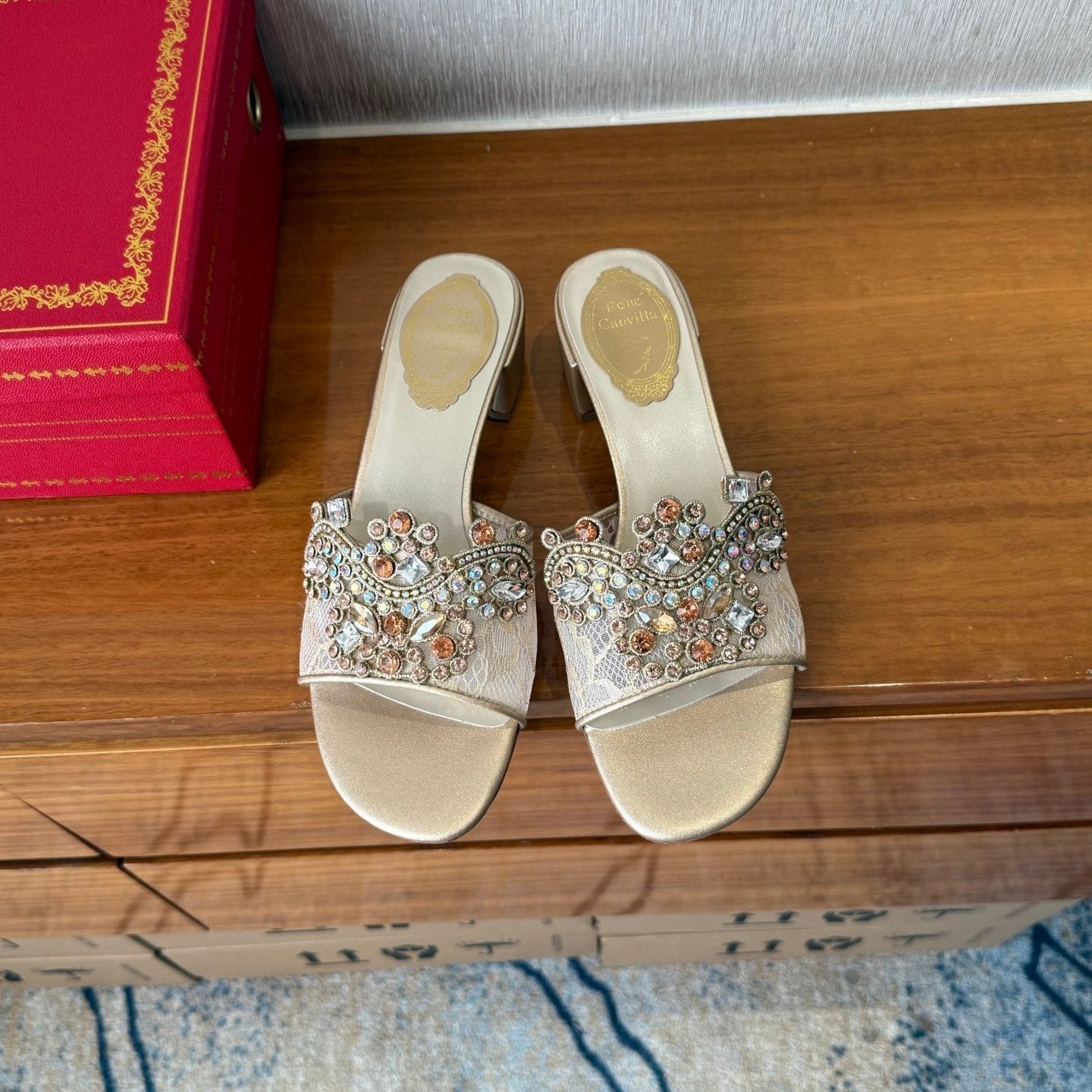 RC 25 Crystal Chandelier Sandals Beige Sheepskin 221962