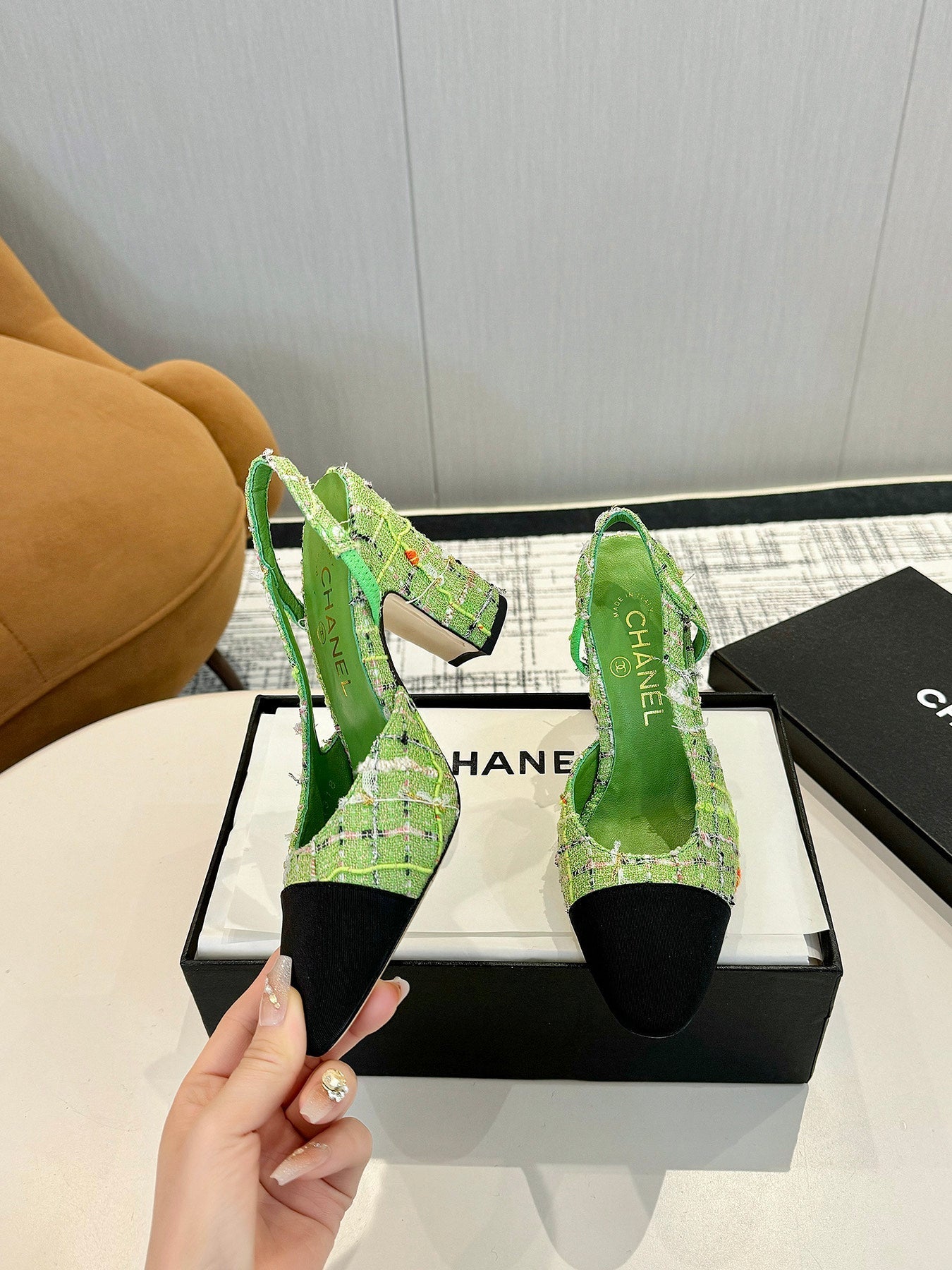 cc 25c slingback 90 green tweed black grosgrain 233620
