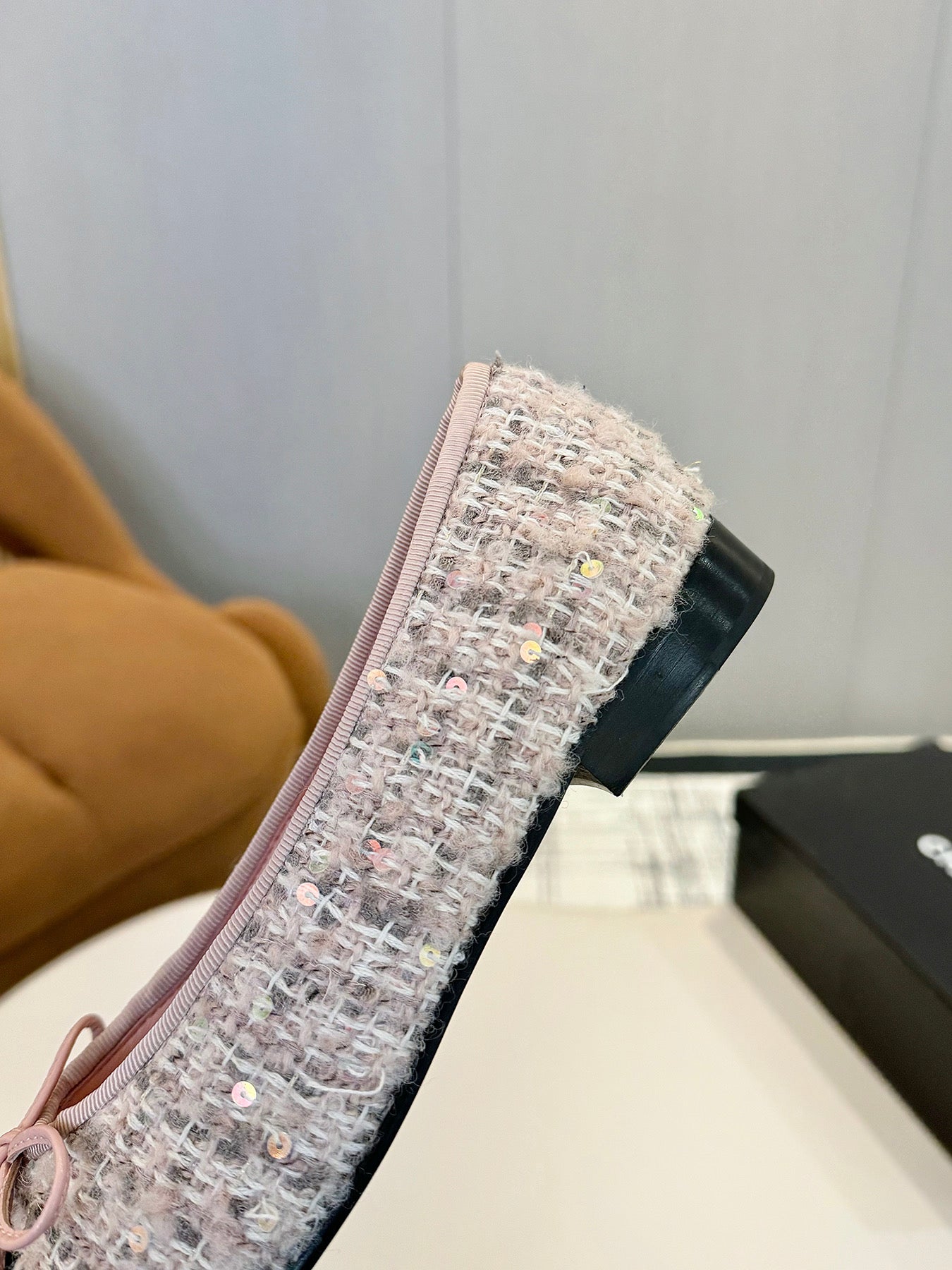 cc 25c ballet flat pink white tweed black grosgrain 233622