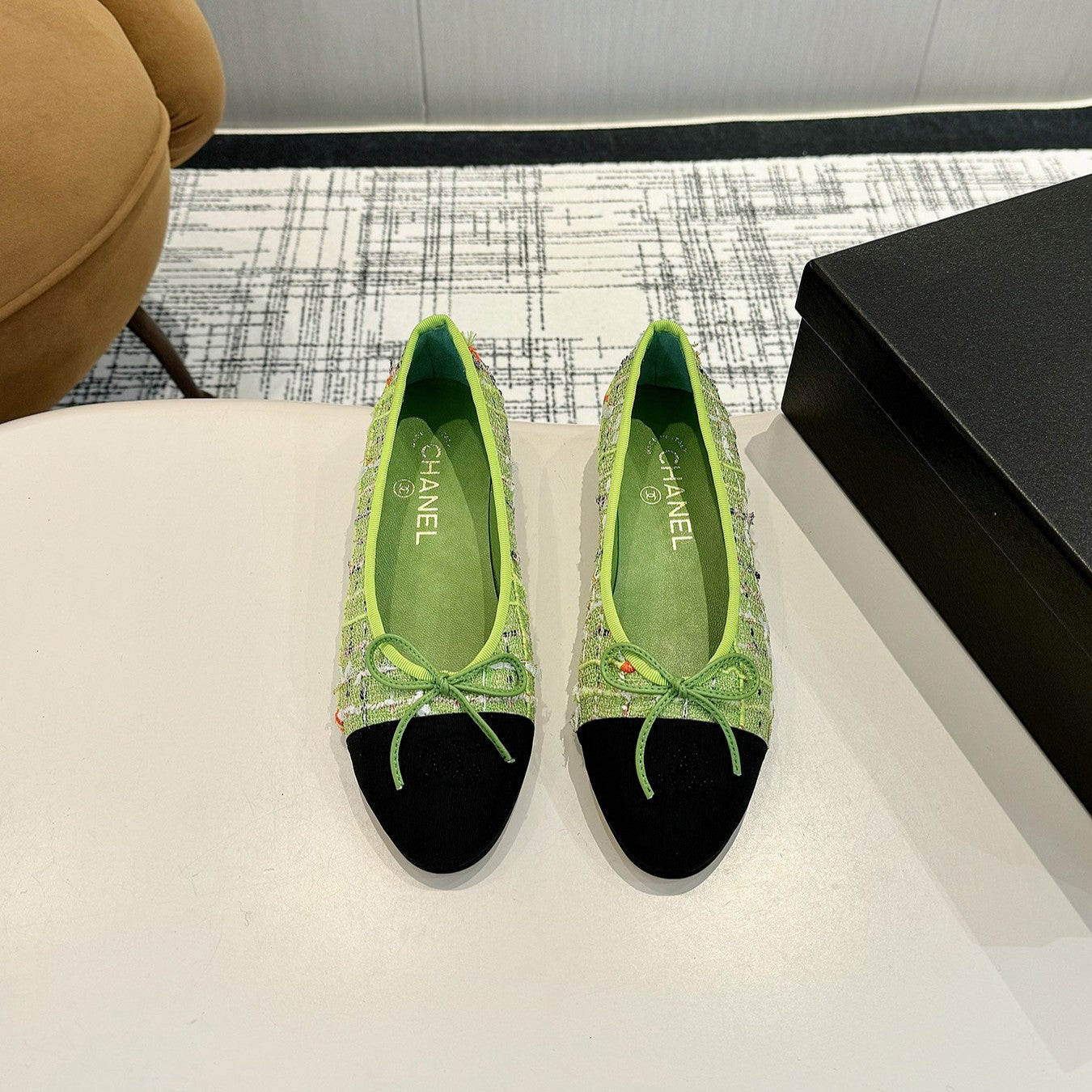 cc 25c ballet flat green tweed black grosgrain 233627