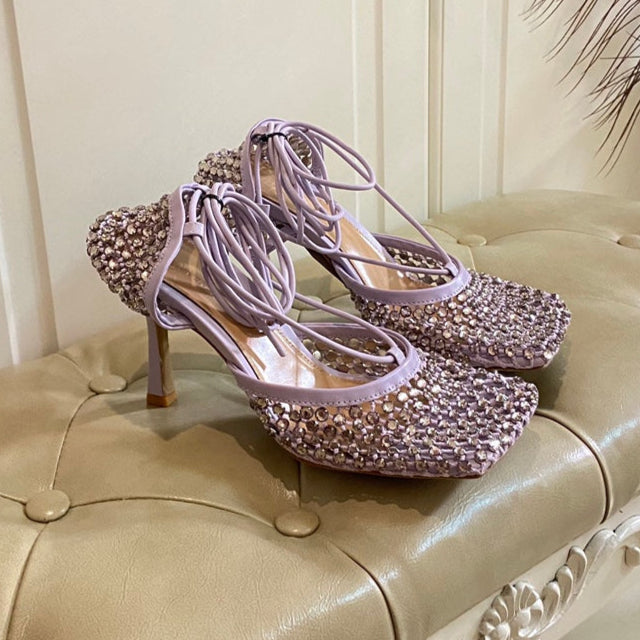 BV 26s Stretch Lace-Up Sandal 9cm Light Purple Metallized Mesh Leather