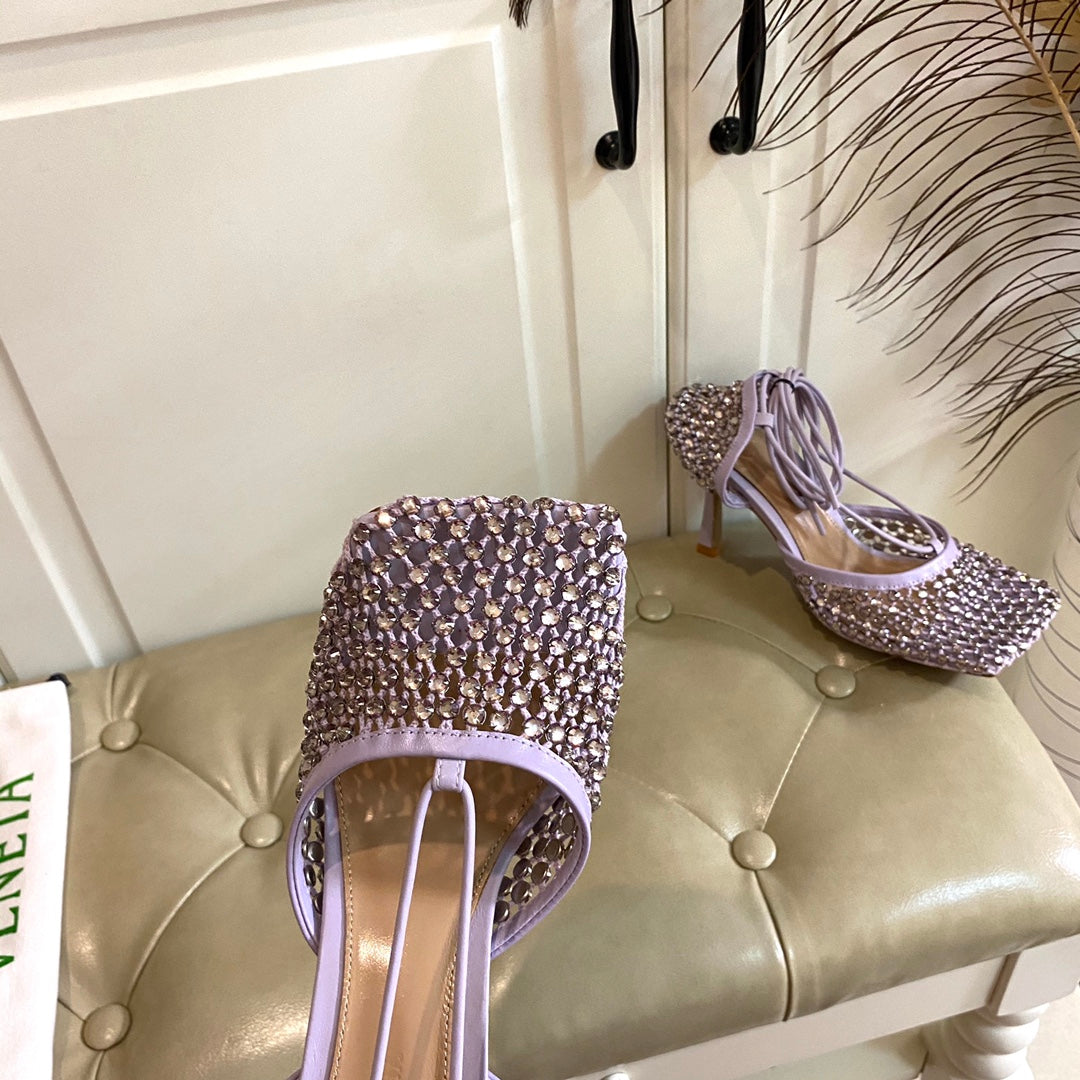 BV 26s Stretch Lace-Up Sandal 9cm Light Purple Metallized Mesh Leather