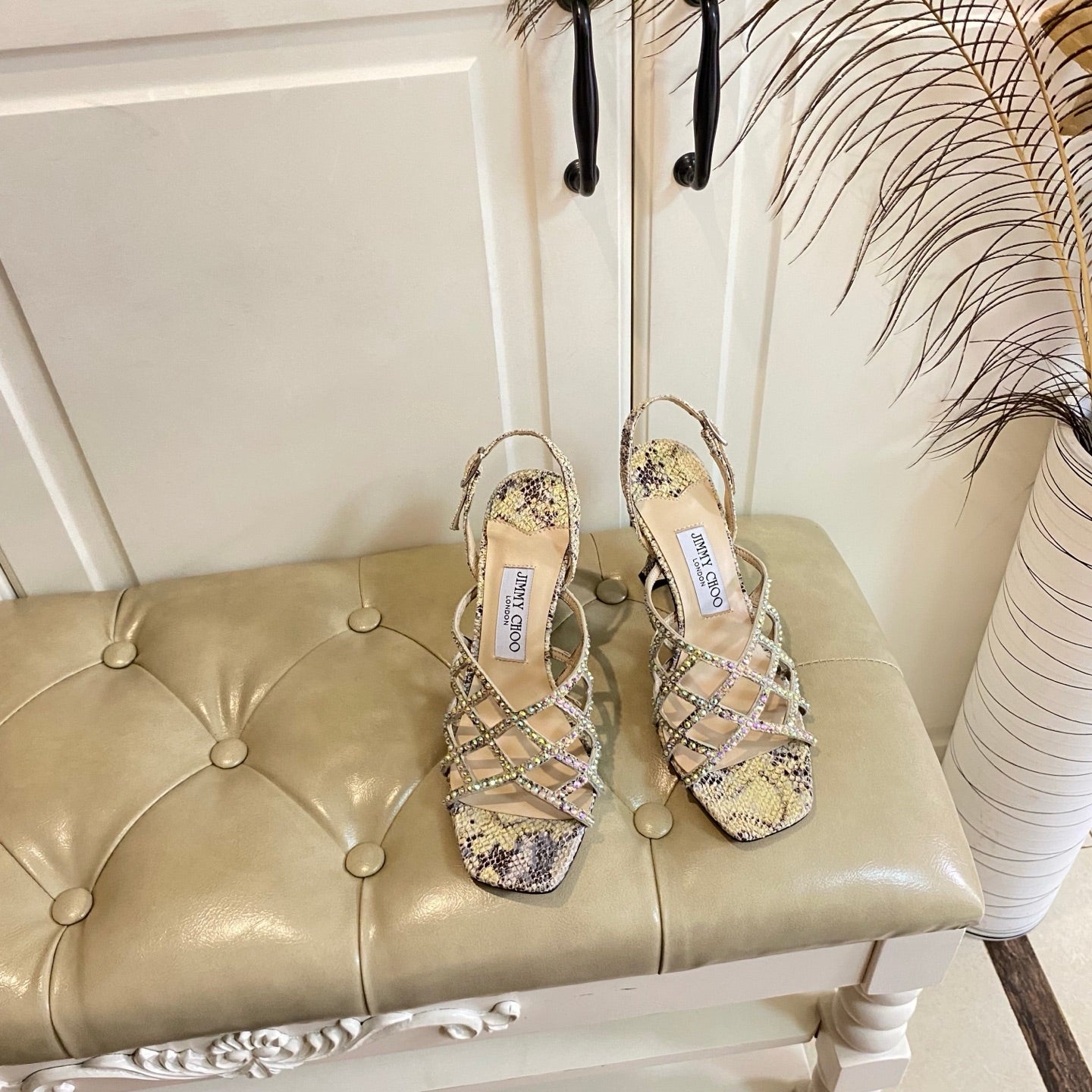 Jimmy Choo Saila Sandals 9cm Beige Sheepskin/Snake-Print Leather 688239