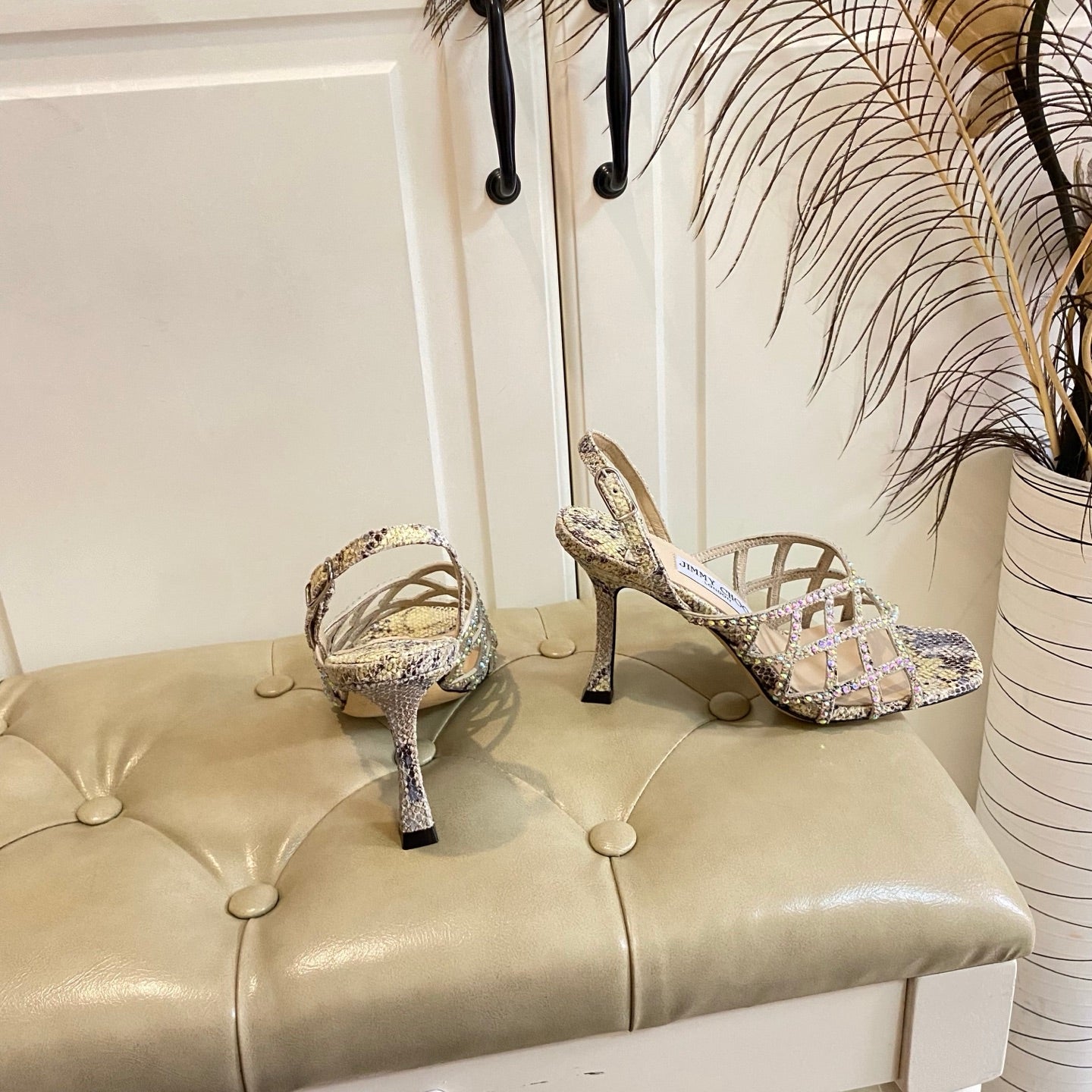 Jimmy Choo Saila Sandals 9cm Beige Sheepskin/Snake-Print Leather 688239