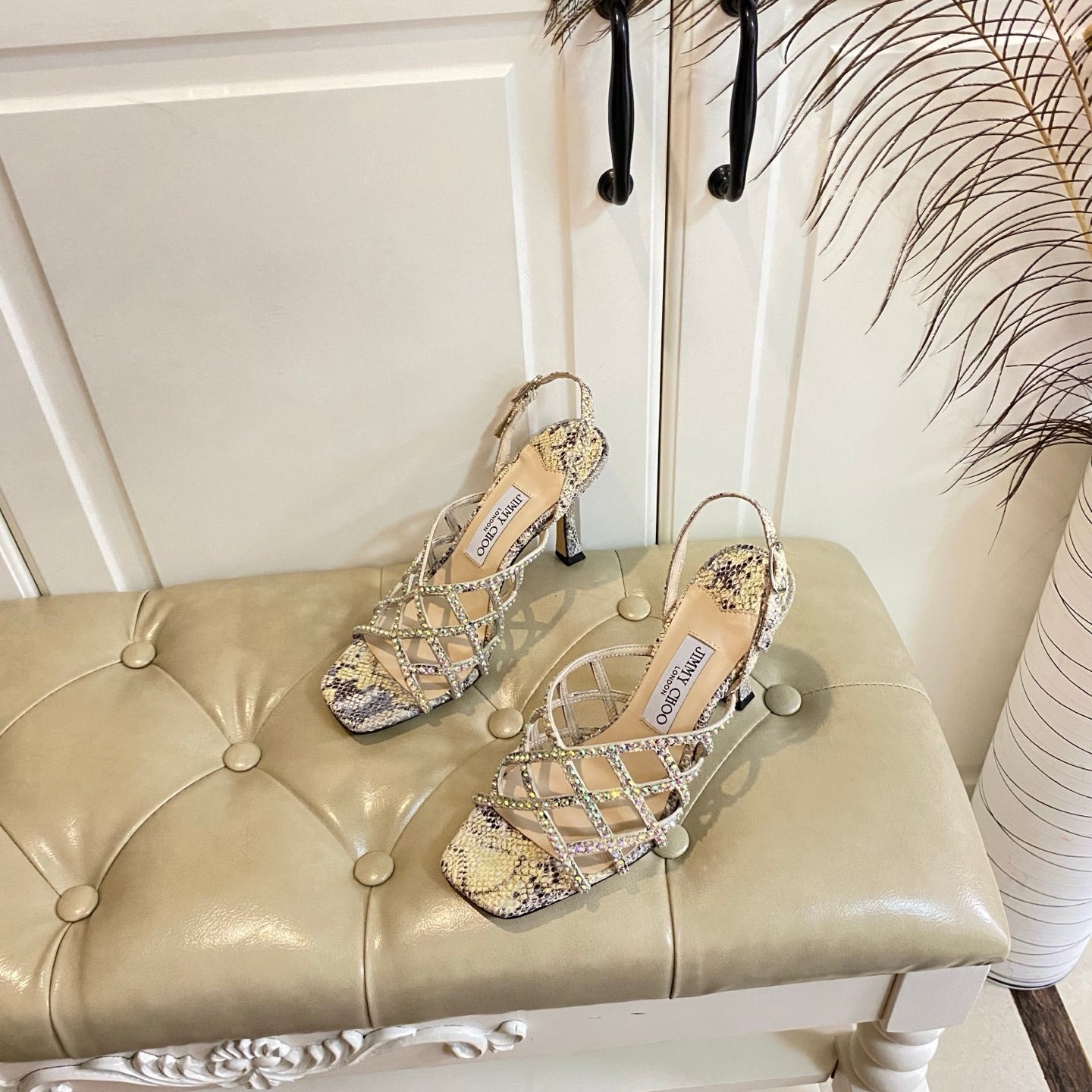 Jimmy Choo Saila Sandals 9cm Beige Sheepskin/Snake-Print Leather 688239