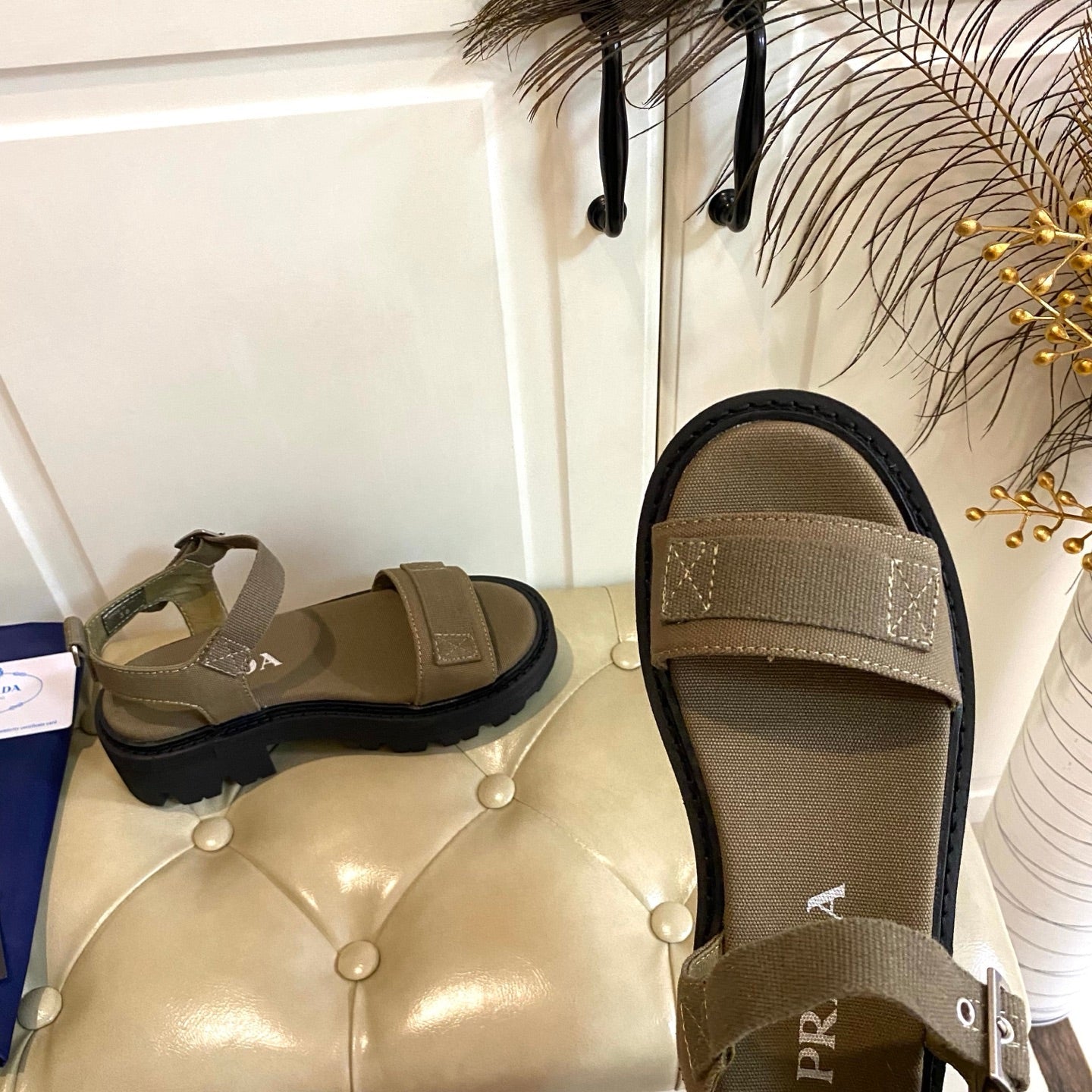 Prada Front Strap Sandal Military Green Canvas 687804
